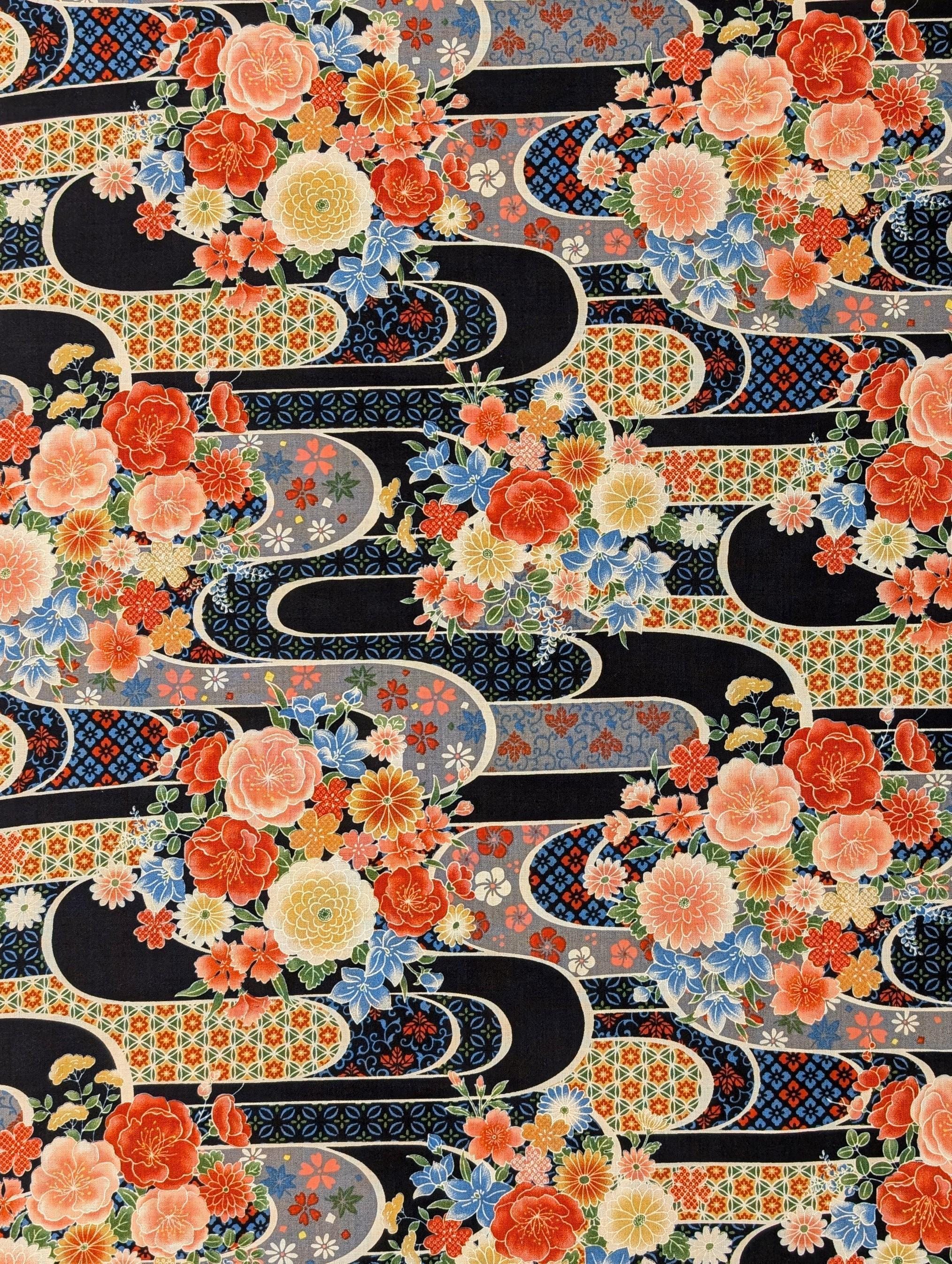 Sevenberry - Floral Waves Cotton Fabric - Black