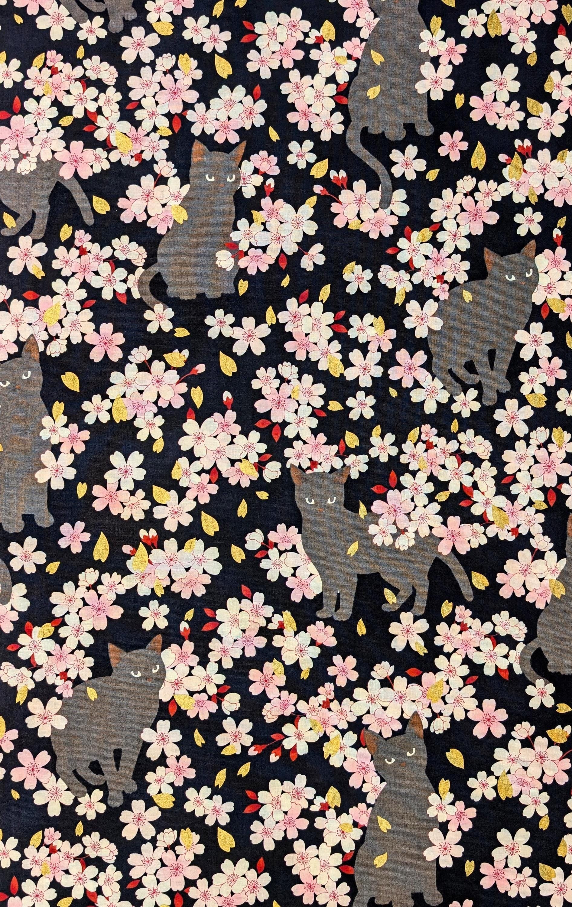 QuiltGate - Hyakka Ryoran Black Cats and Cherry Blossoms Cotton Fabric - Black
