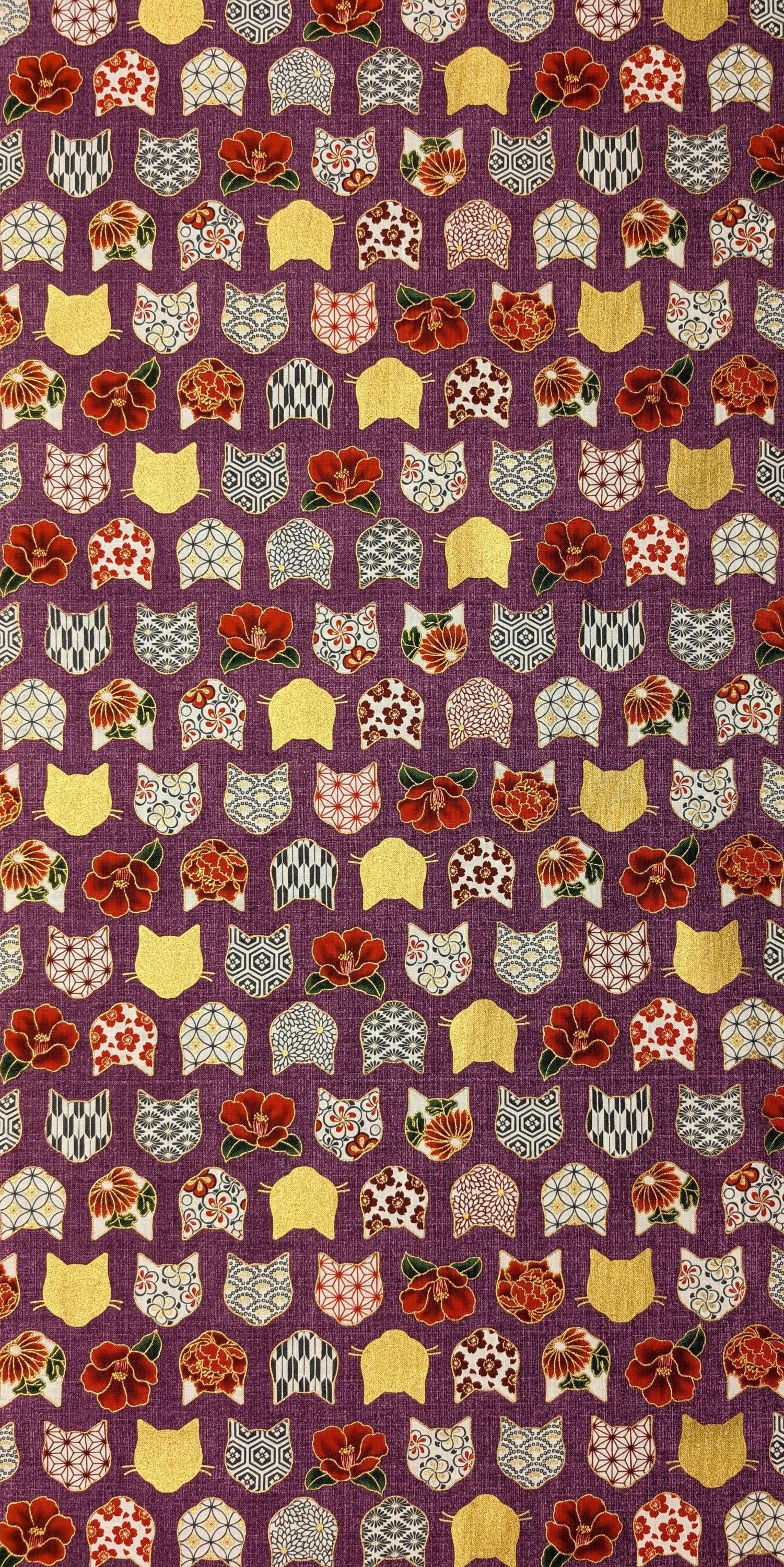 QuiltGate - Hyakka Ryoran Patterned Cats Cotton Fabric - Purple