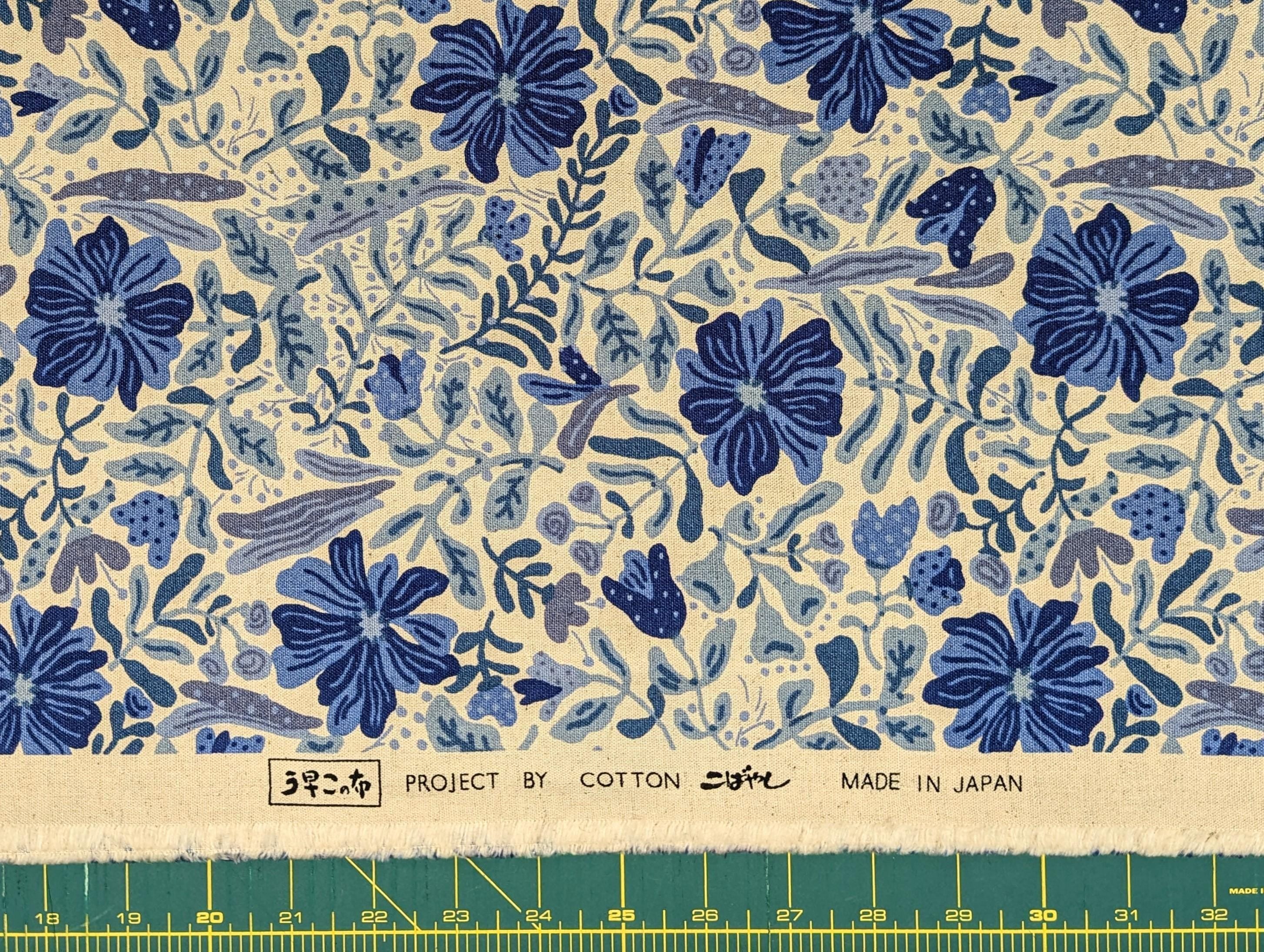 Kobayashi - Folk Art Flowers Cotton/Linen Oxford - Blue and Beige