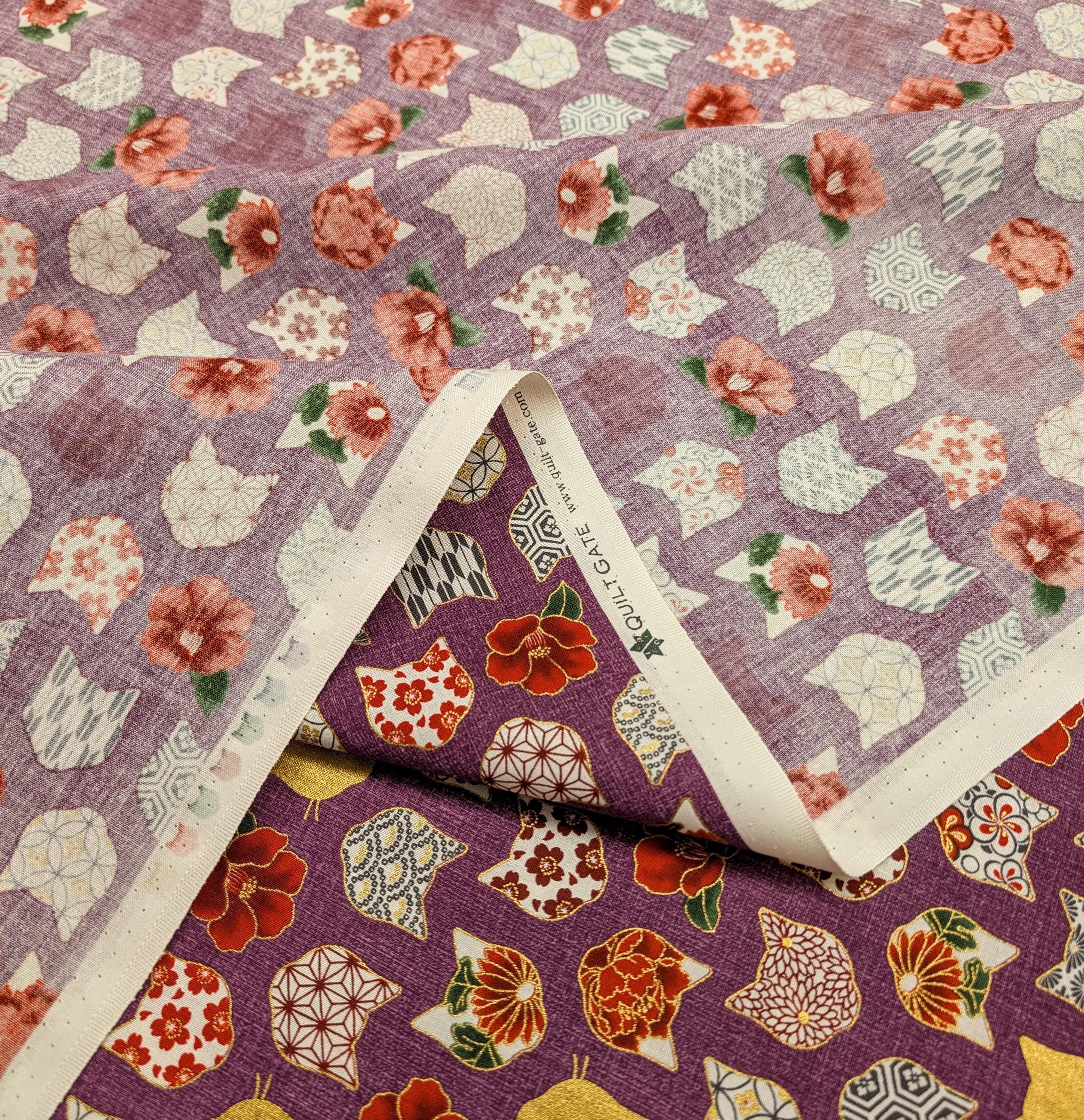 QuiltGate - Hyakka Ryoran Patterned Cats Cotton Fabric - Purple