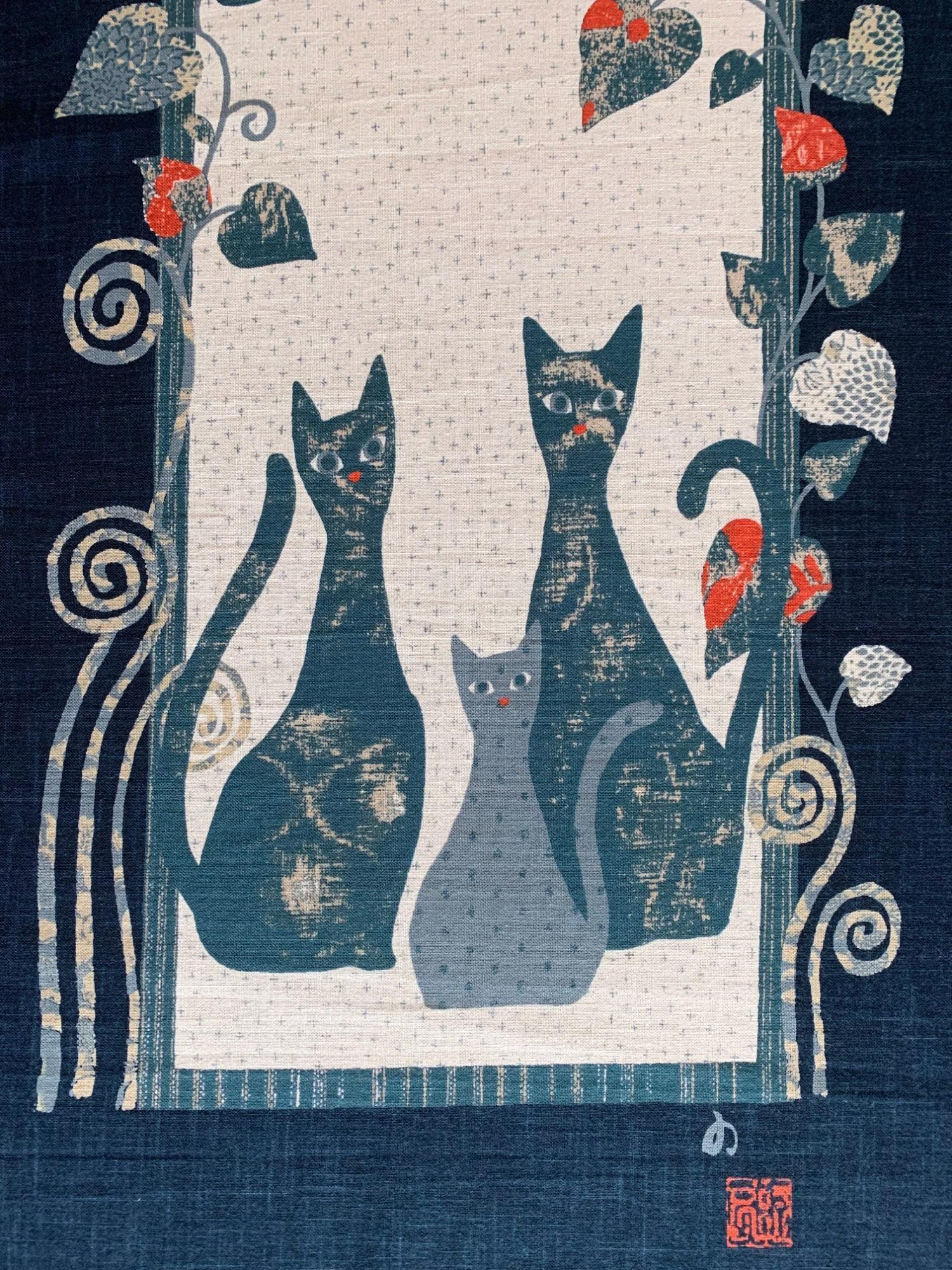Kurenai - Tall Cats Japanese Noren Panel - Blue