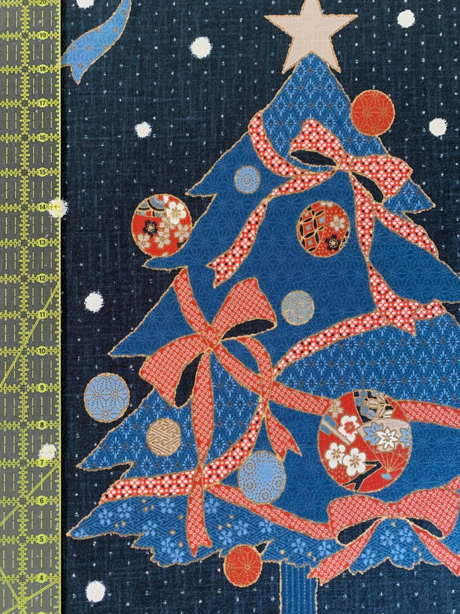 Kurenai - Christmas Holiday Tree Japanese Noren Panel - Blue