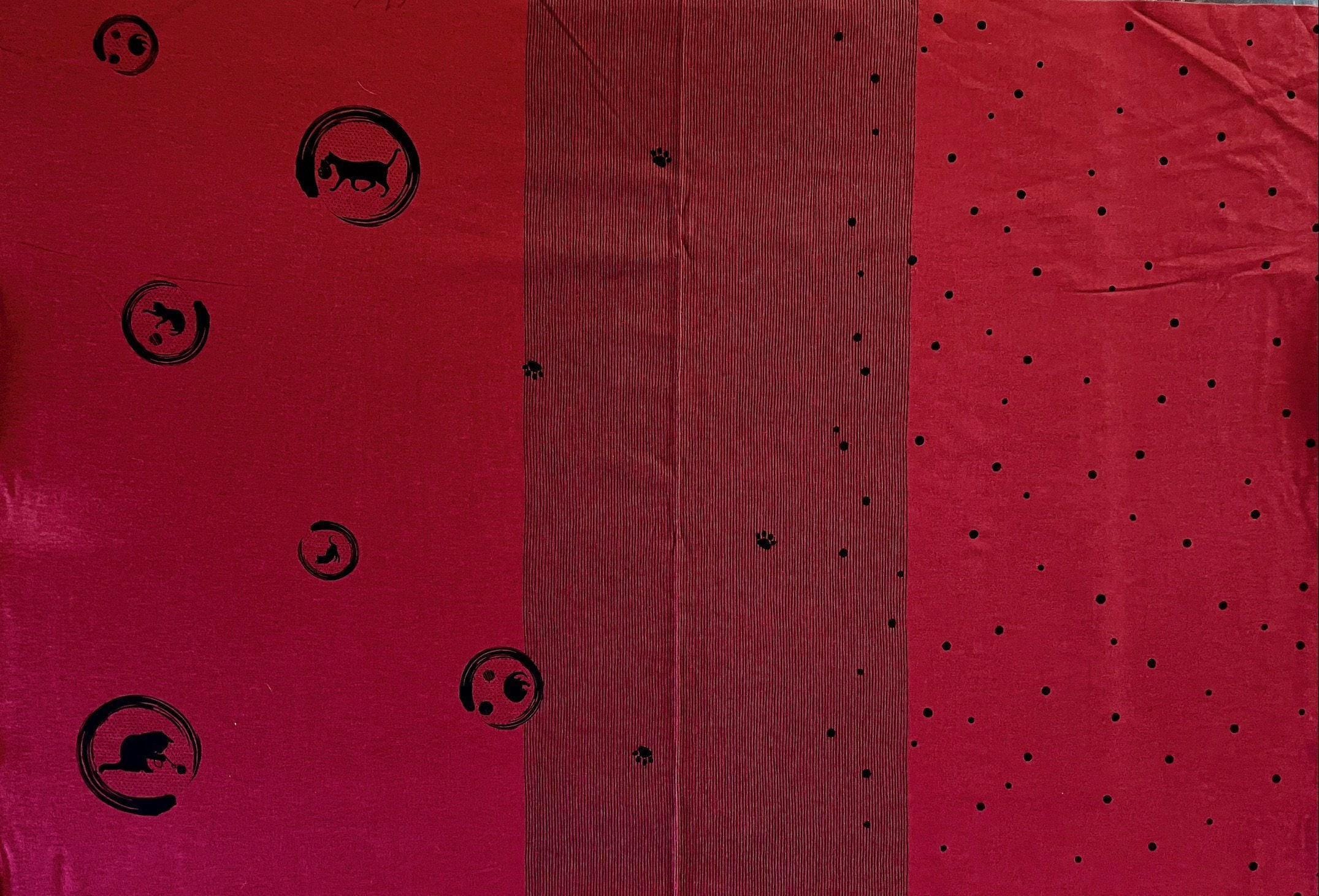 Orimono Imports - Playful Cat and Kitten with Stripes and Dots Fabric Panel - Red