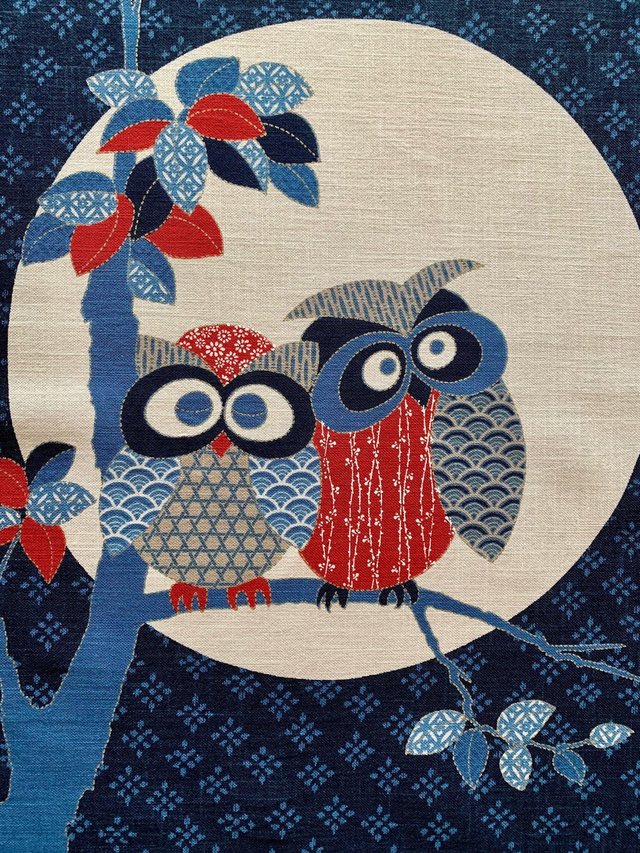 Kurenai - Owl Couple Japanese Noren Panel - Blue