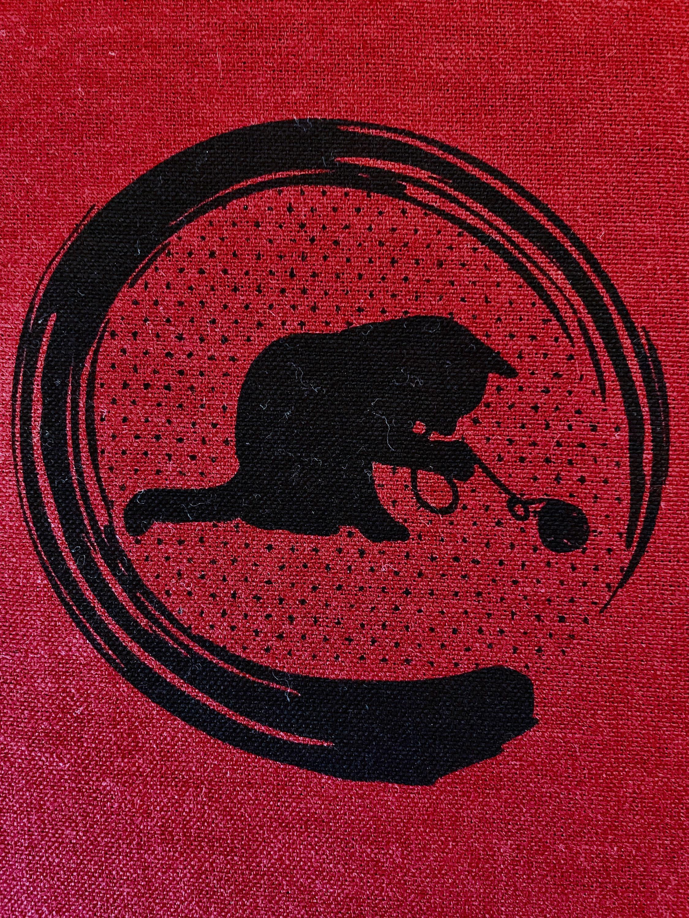 Orimono Imports - Playful Cat and Kitten with Stripes and Dots Fabric Panel - Red