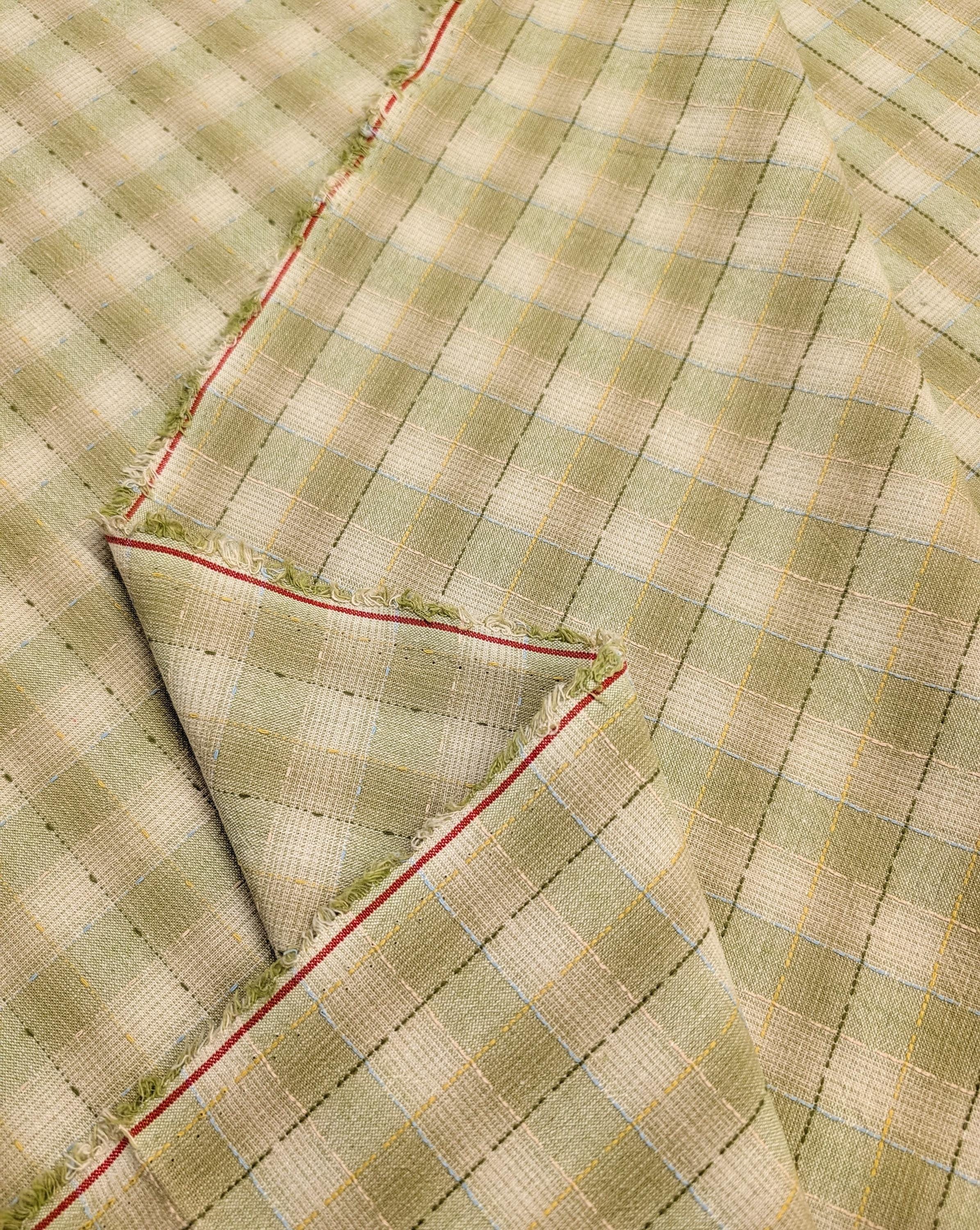 NEW Dotted textured gingham Japanese yarn dyed cotton taupe fabric SY10633S D green