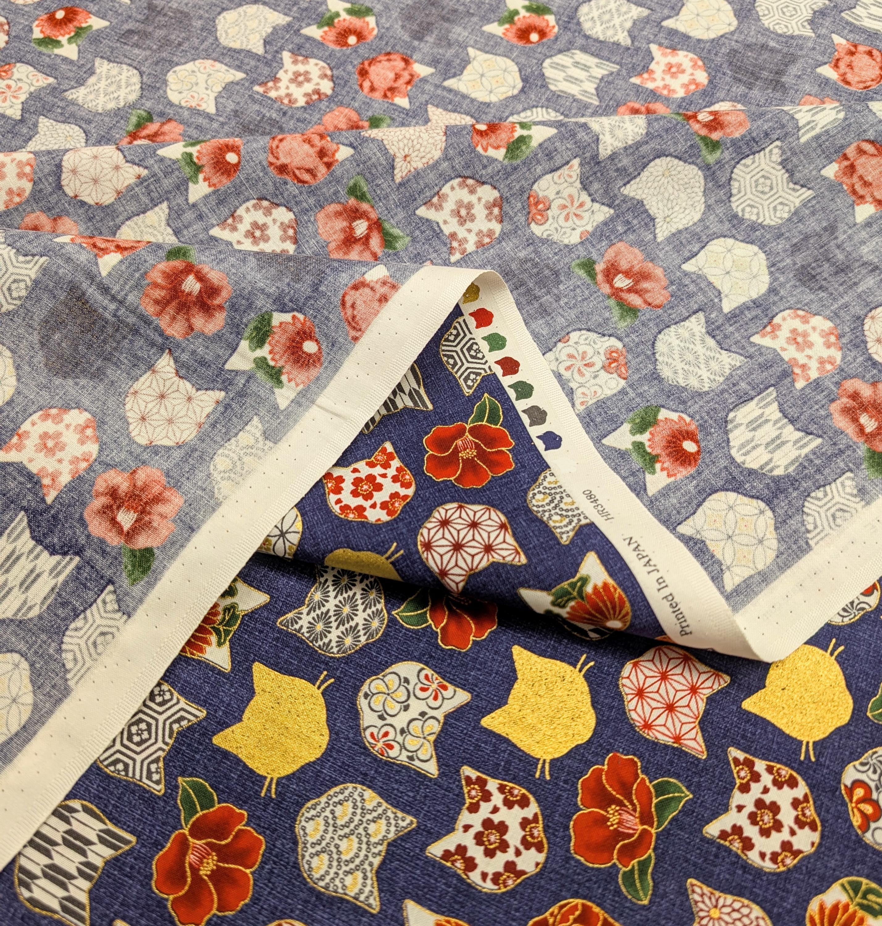 QuiltGate - Hyakka Ryoran Patterned Cats Cotton Fabric - Medium Blue