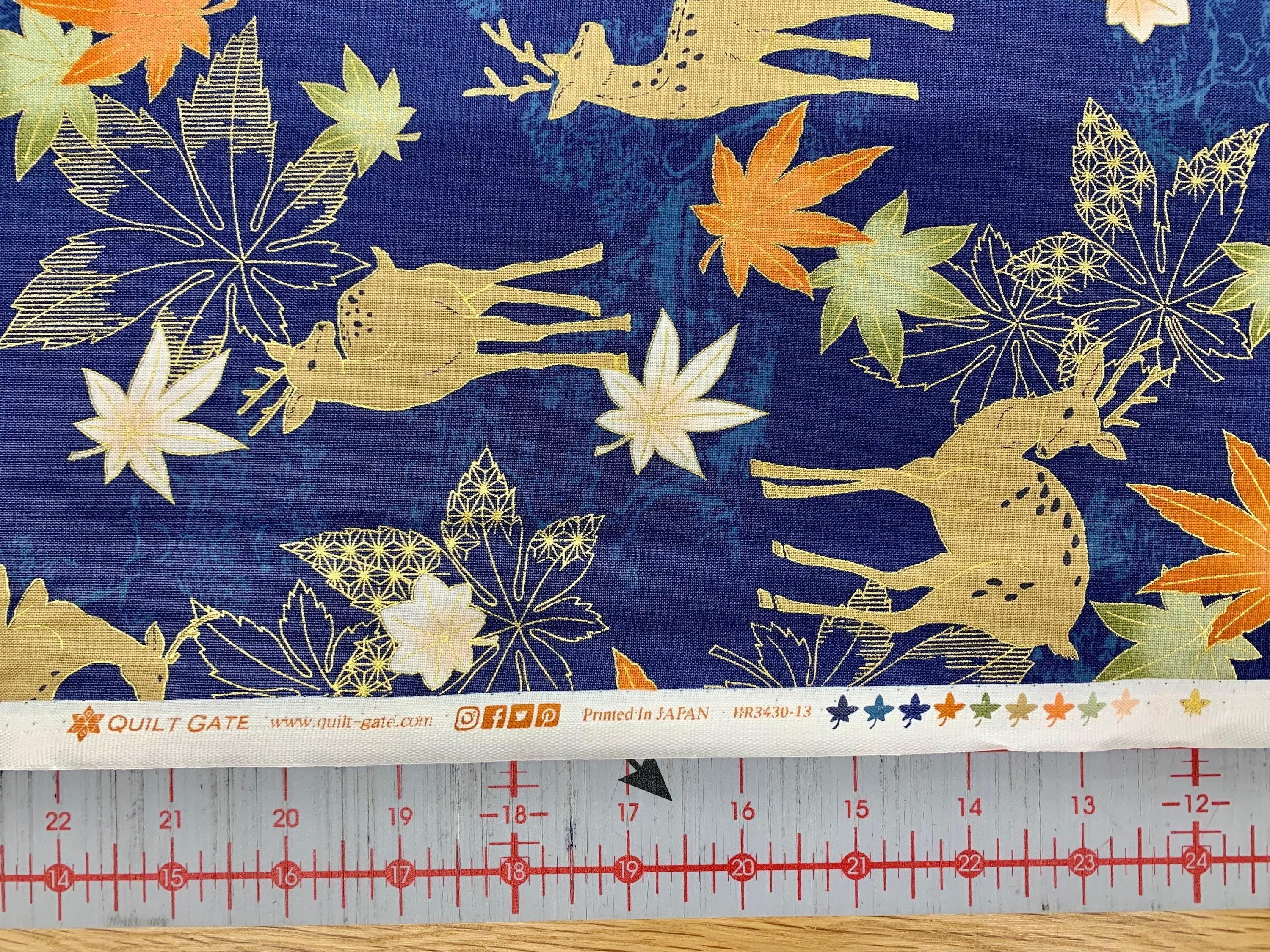 QuiltGate - Hyakka Ryoran Deer and Maple Leaf Cotton Fabric - Indigo Blue Rust Sage Green Gold