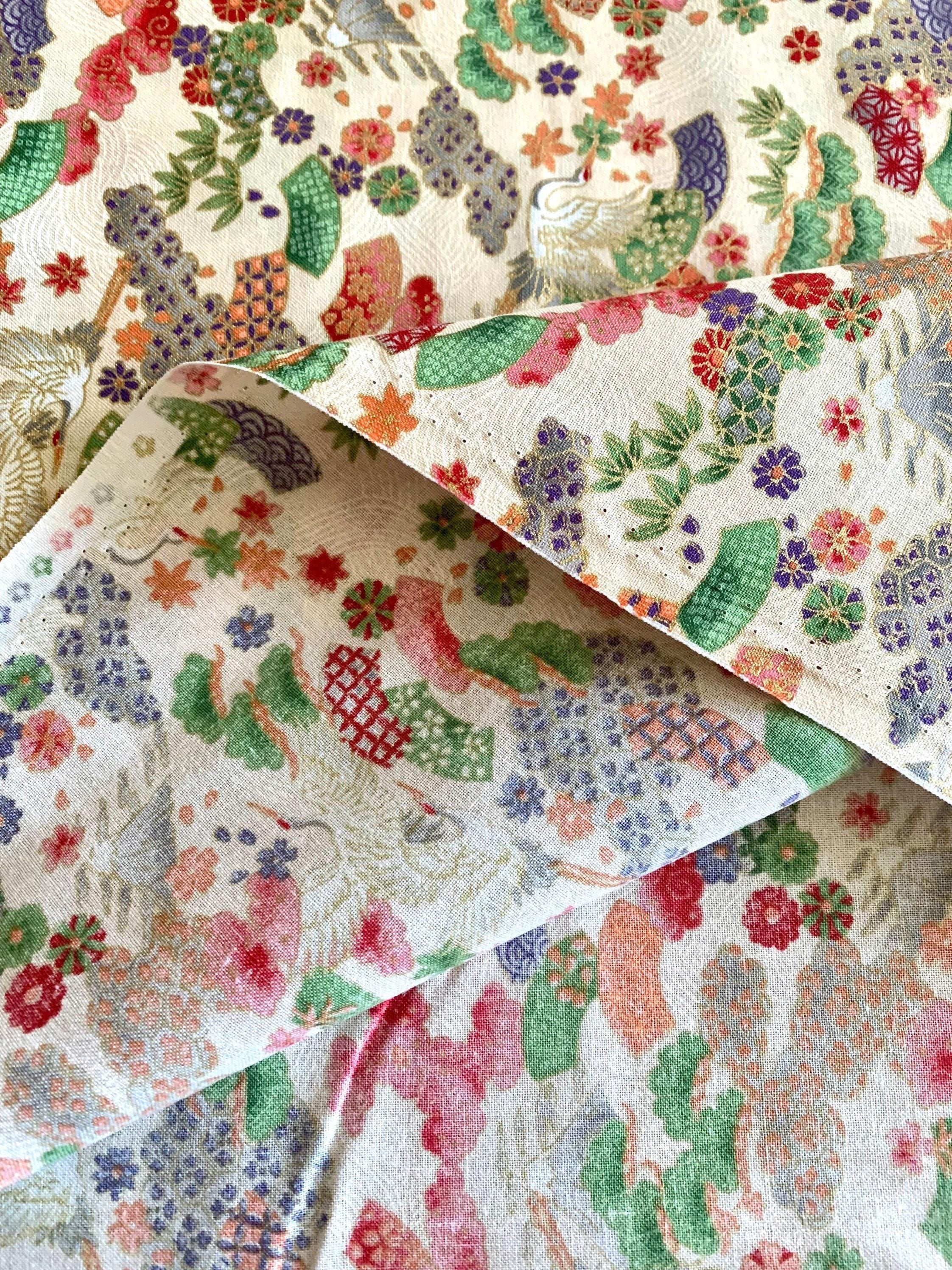 Naka - Cranes and Fans Cotton Fabric - Cream Gold