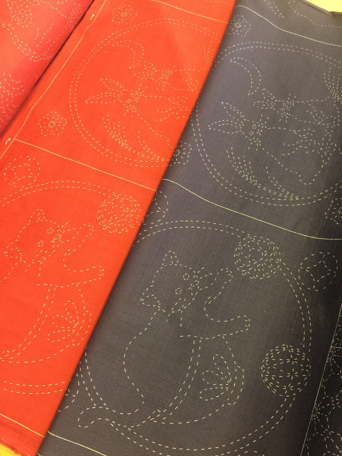 QH Textiles - SALE Leaping Carp, Tabane Noshi, Rabbits, Cats, Bamboo Wagara Sashiko Preprinted Fabric Panel