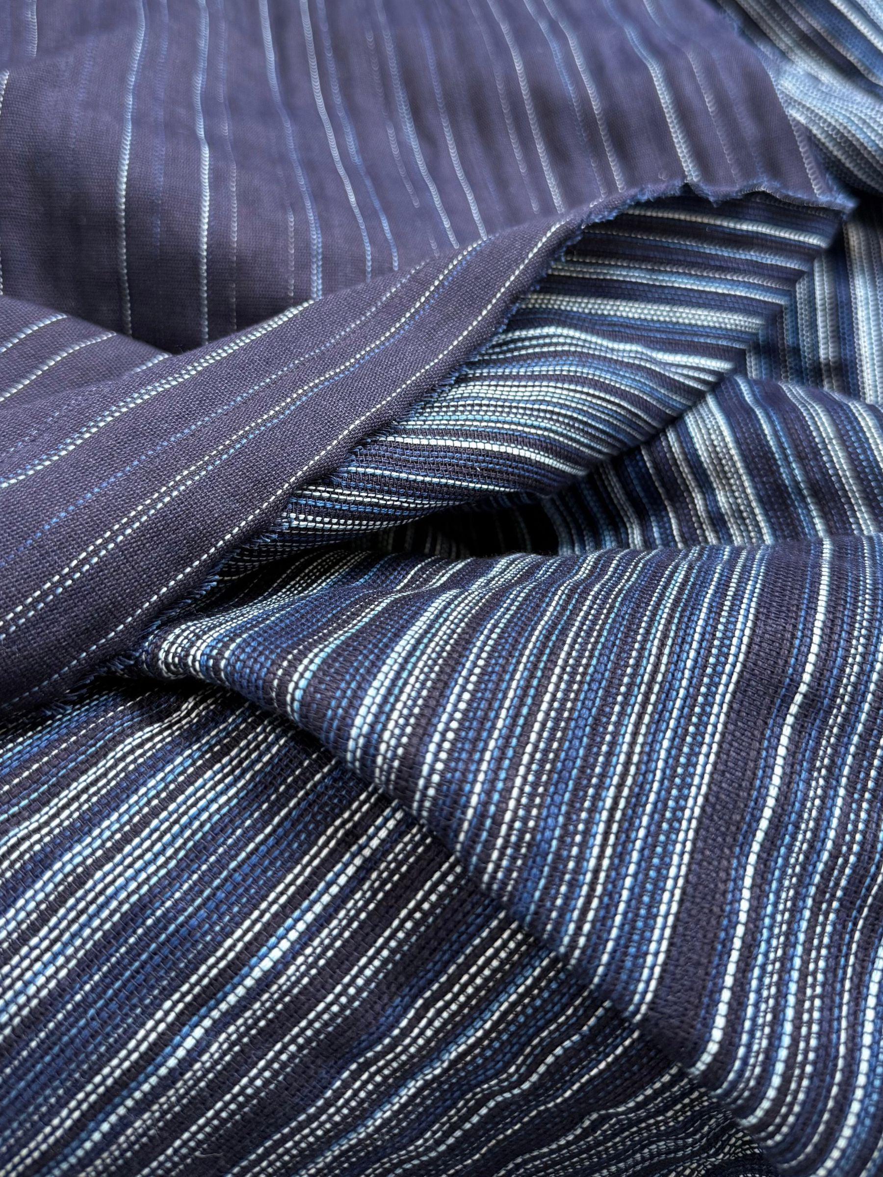 Orimono Imports - Woven Kasuri Sashi Stripe Cotton Fabric Dyed with Aizome Botanical Indigo
