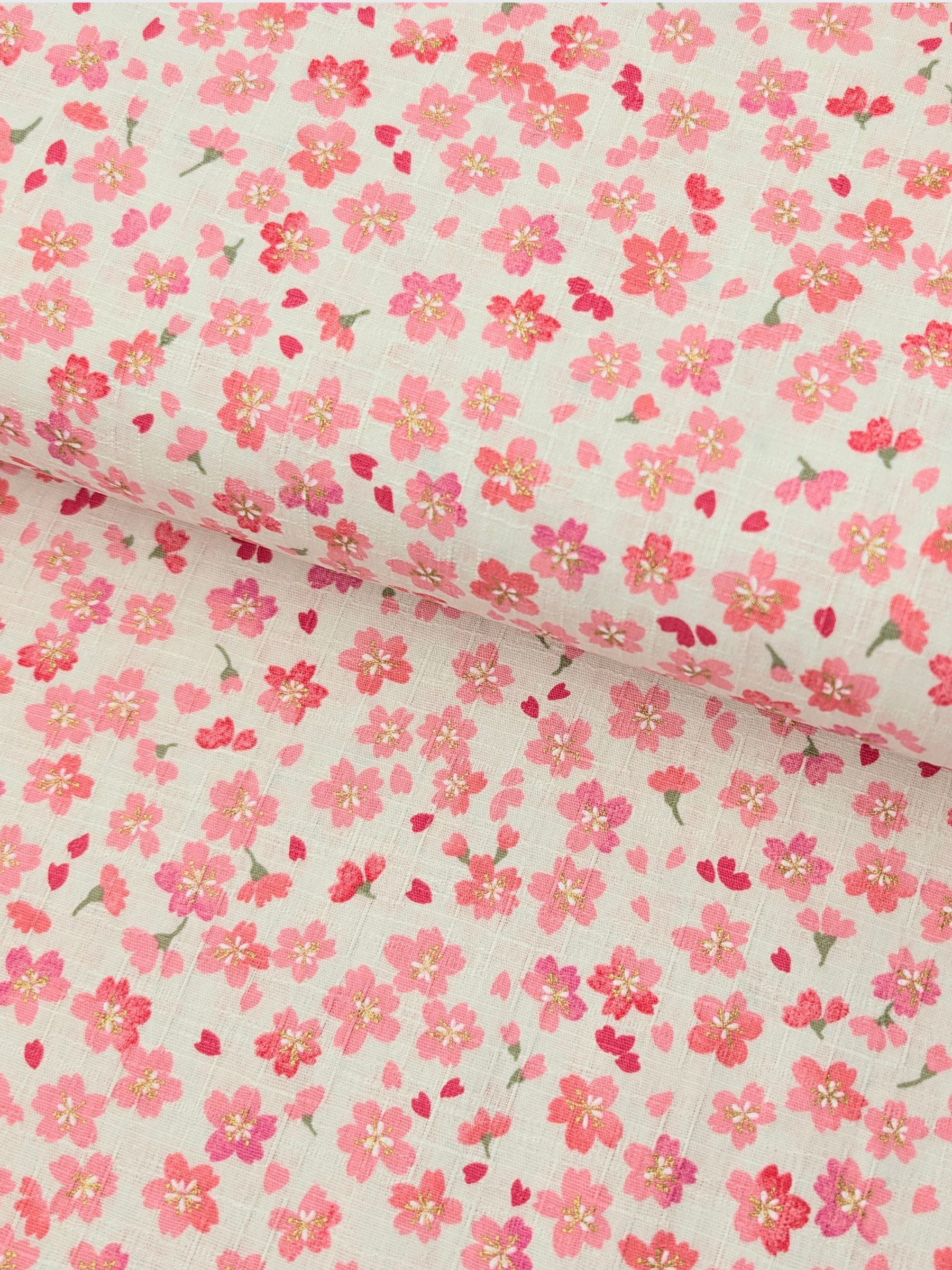 Hokkoh - Golden Watercolor Cherry Blossoms Cotton Dobby Fabric - White