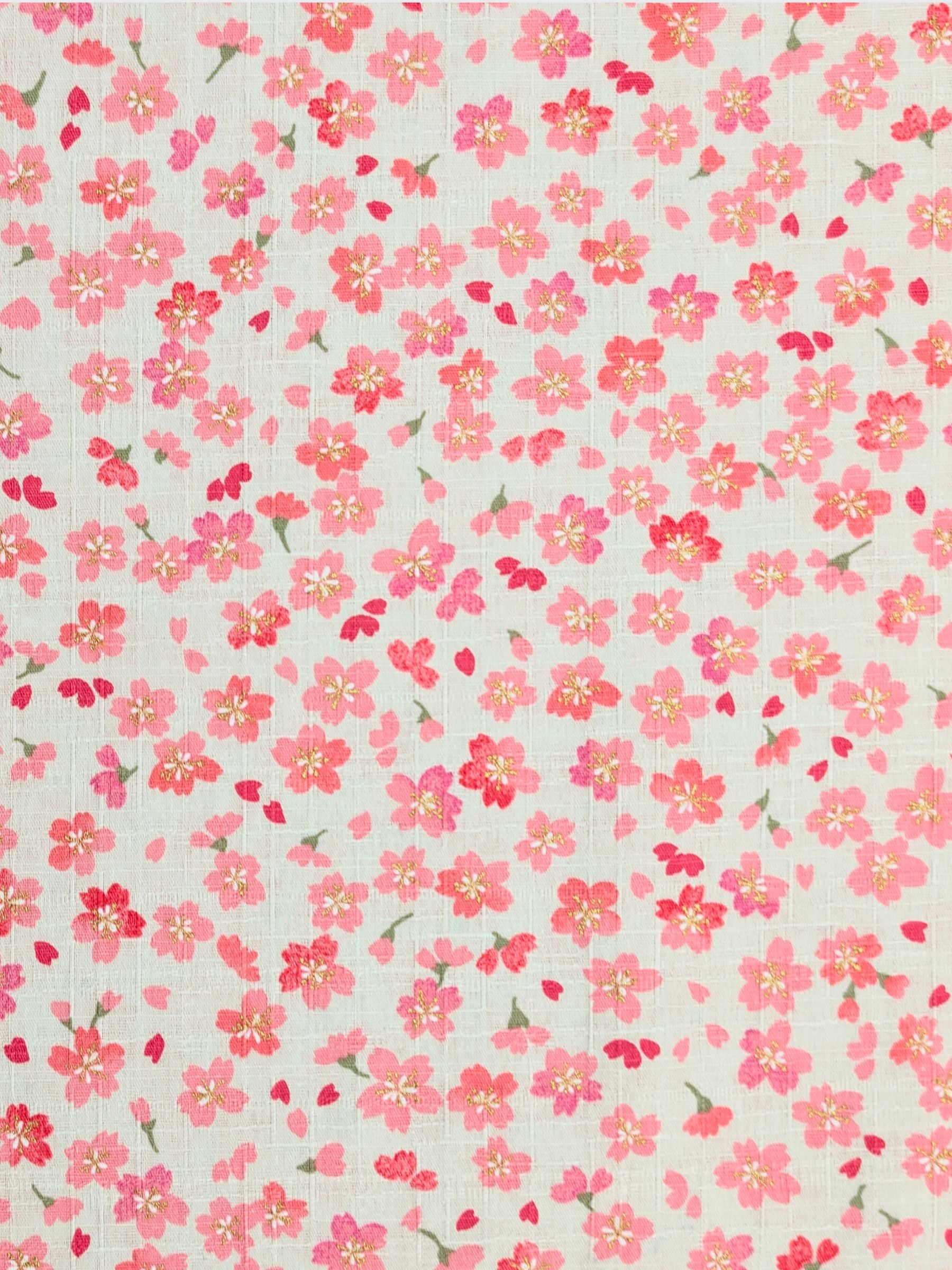 Hokkoh - Golden Watercolor Cherry Blossoms Cotton Dobby Fabric - White