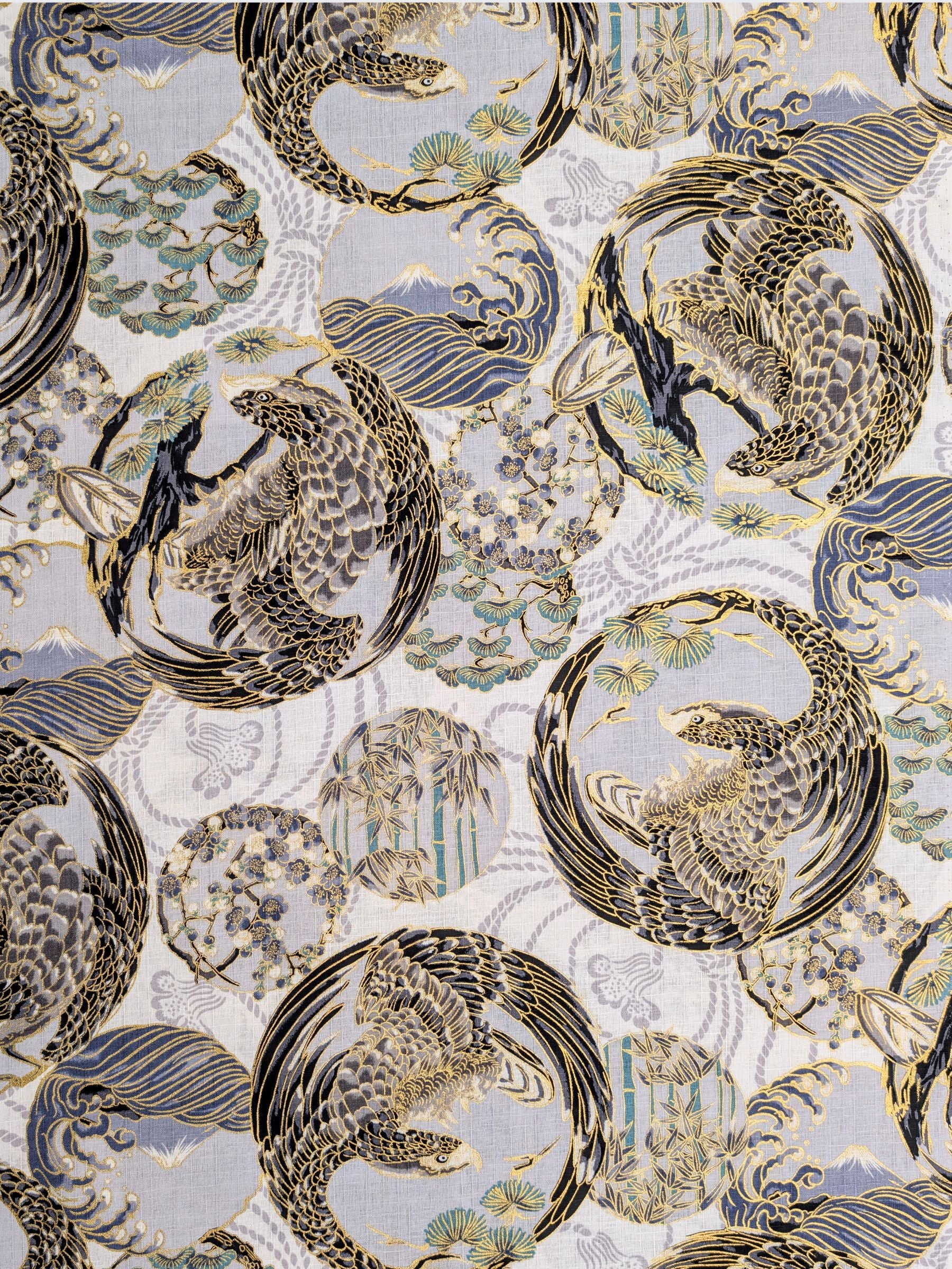 Hokkoh - Golden Circling Hawks Cotton Dobby Fabric - White & Gray