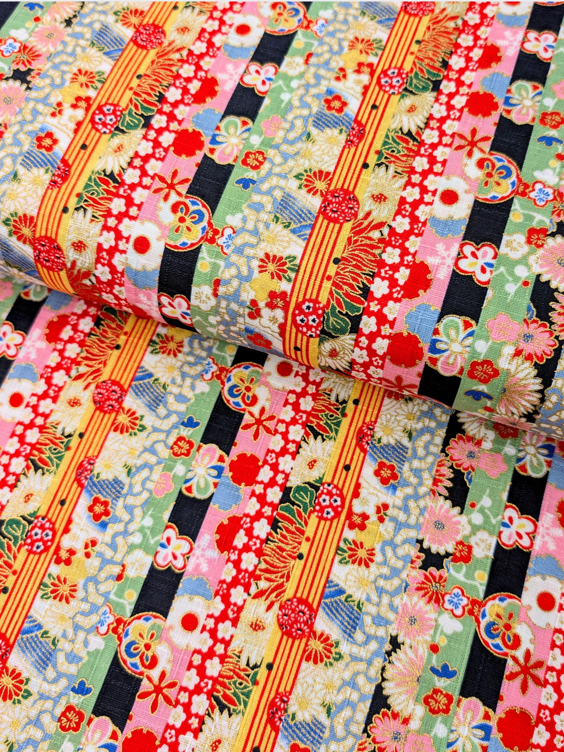 Hokkoh - Golden Floral Stripe Cotton Dobby Fabric - Black & Green