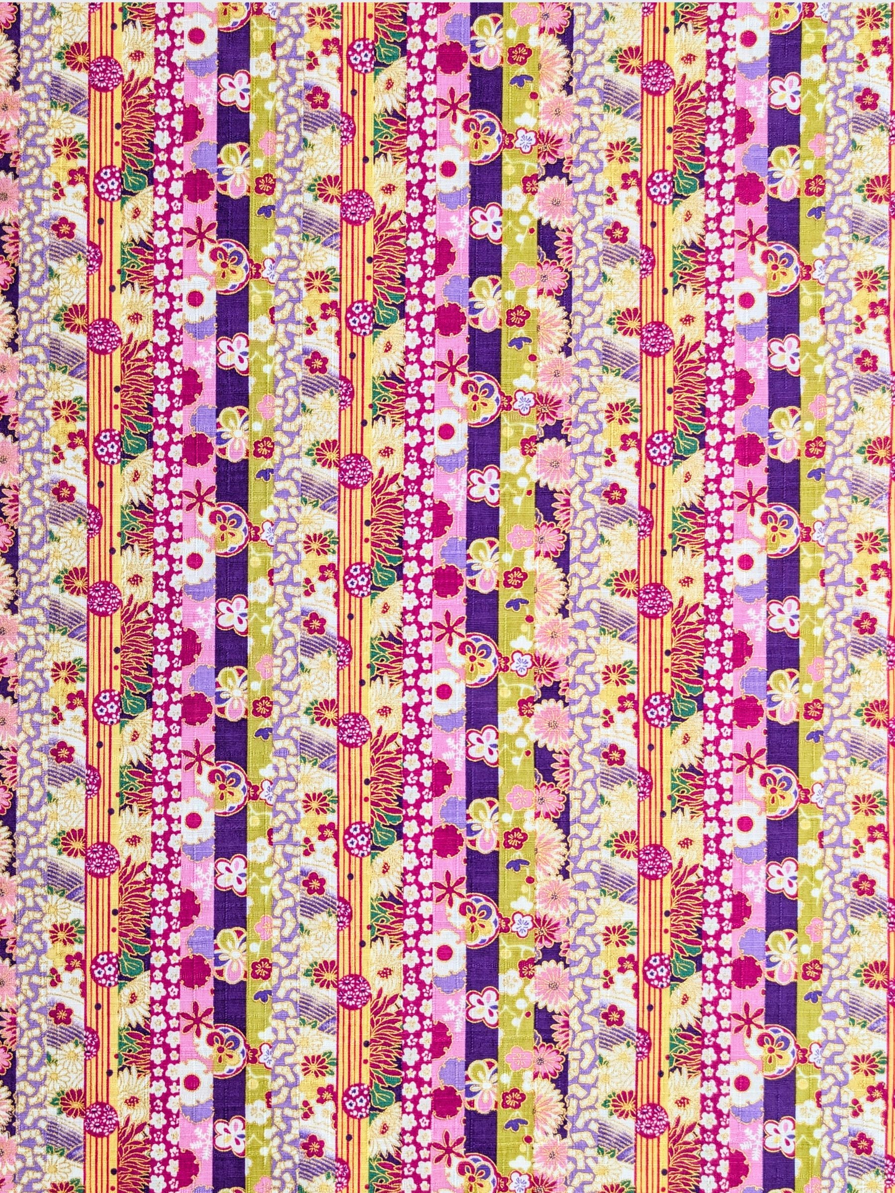 Hokkoh - Golden Floral Stripe Cotton Dobby Fabric - Purple & Yellow
