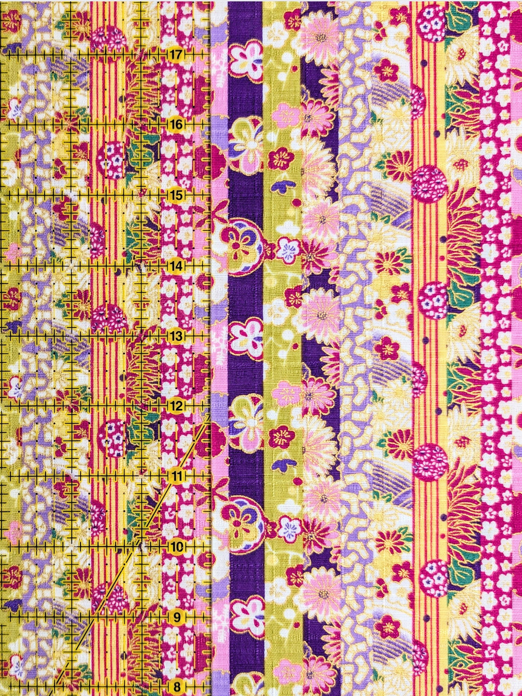 Hokkoh - Golden Floral Stripe Cotton Dobby Fabric - Purple & Yellow