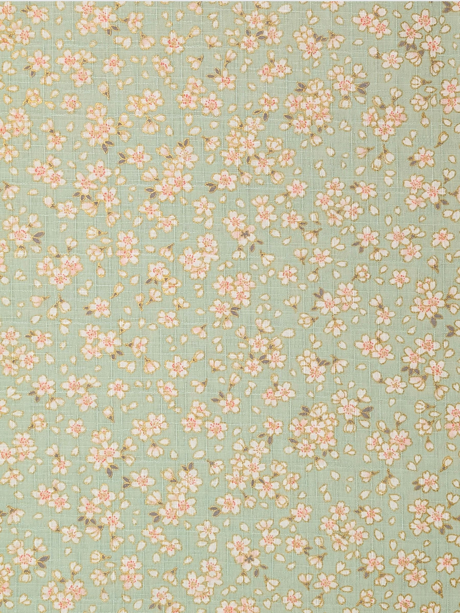 Hokkoh - Tiny Golden Cherry Blossoms Cotton Dobby Fabric - Mint Green