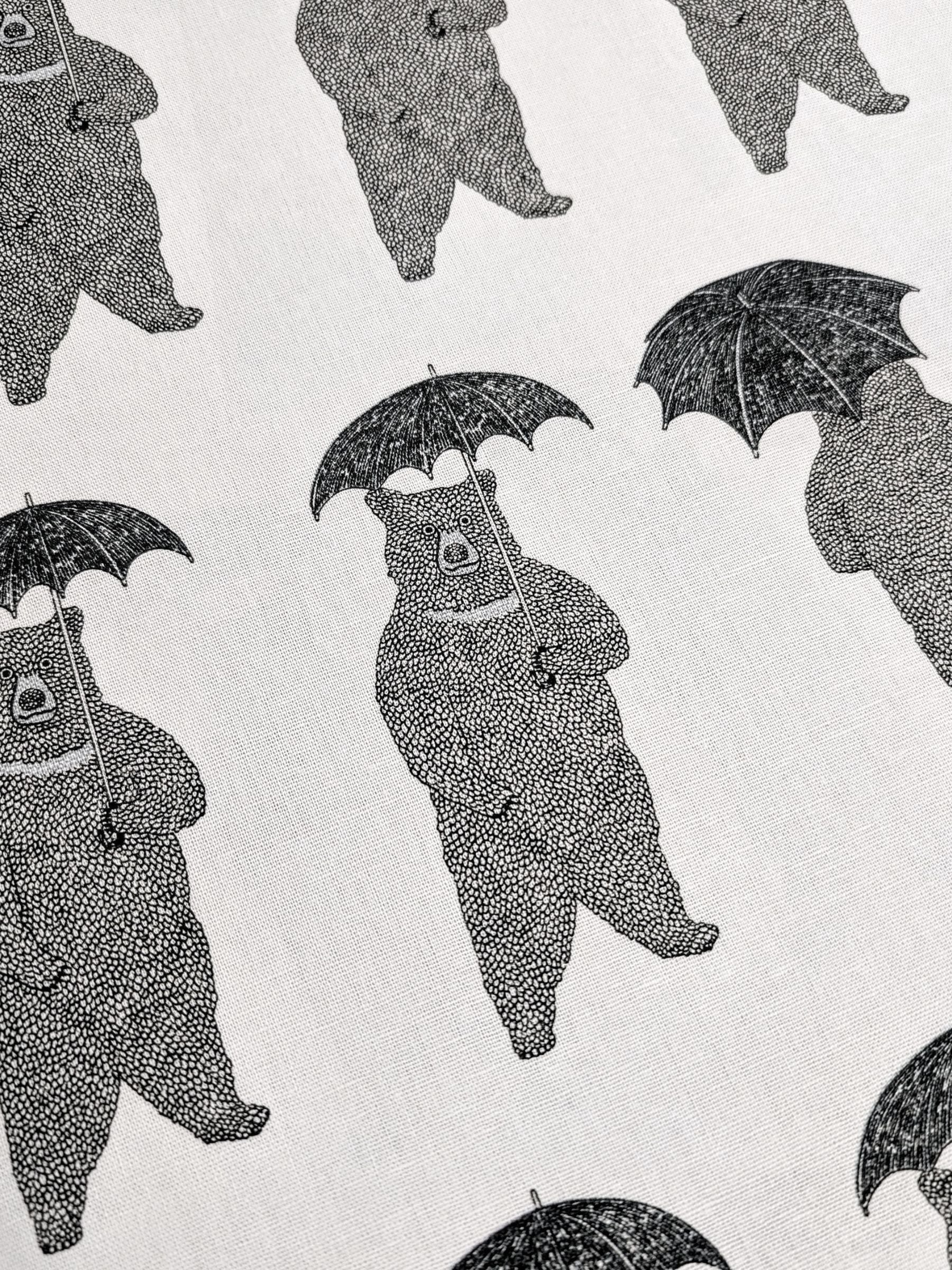 Koizumi - Bear-Able Weather Bears with Umbrellas Cotton/Linen Canvas Fabric - White Black