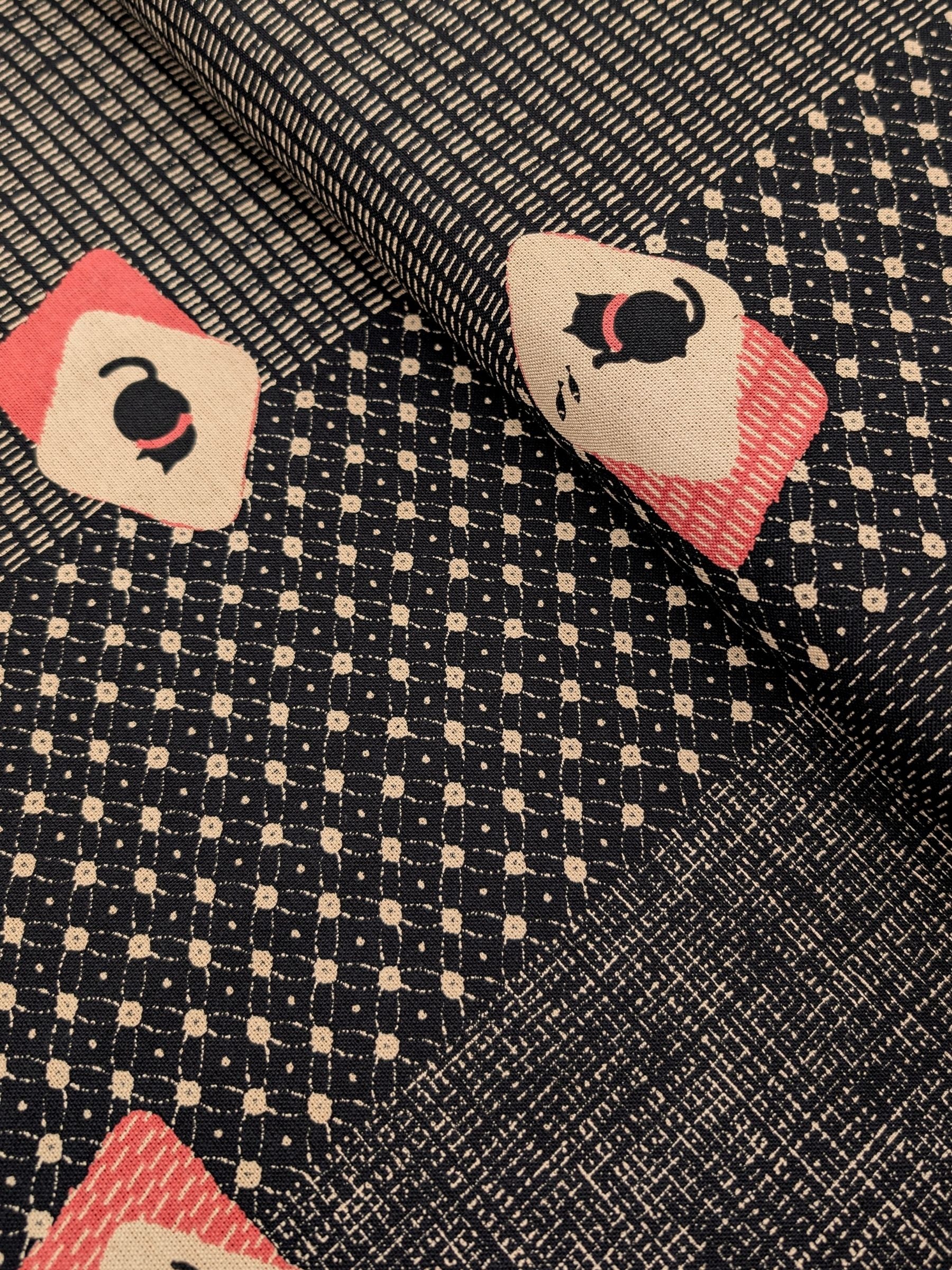 Craft-P - Cats on Patterned Stripes Cotton Rustic Weave Fabric - Black