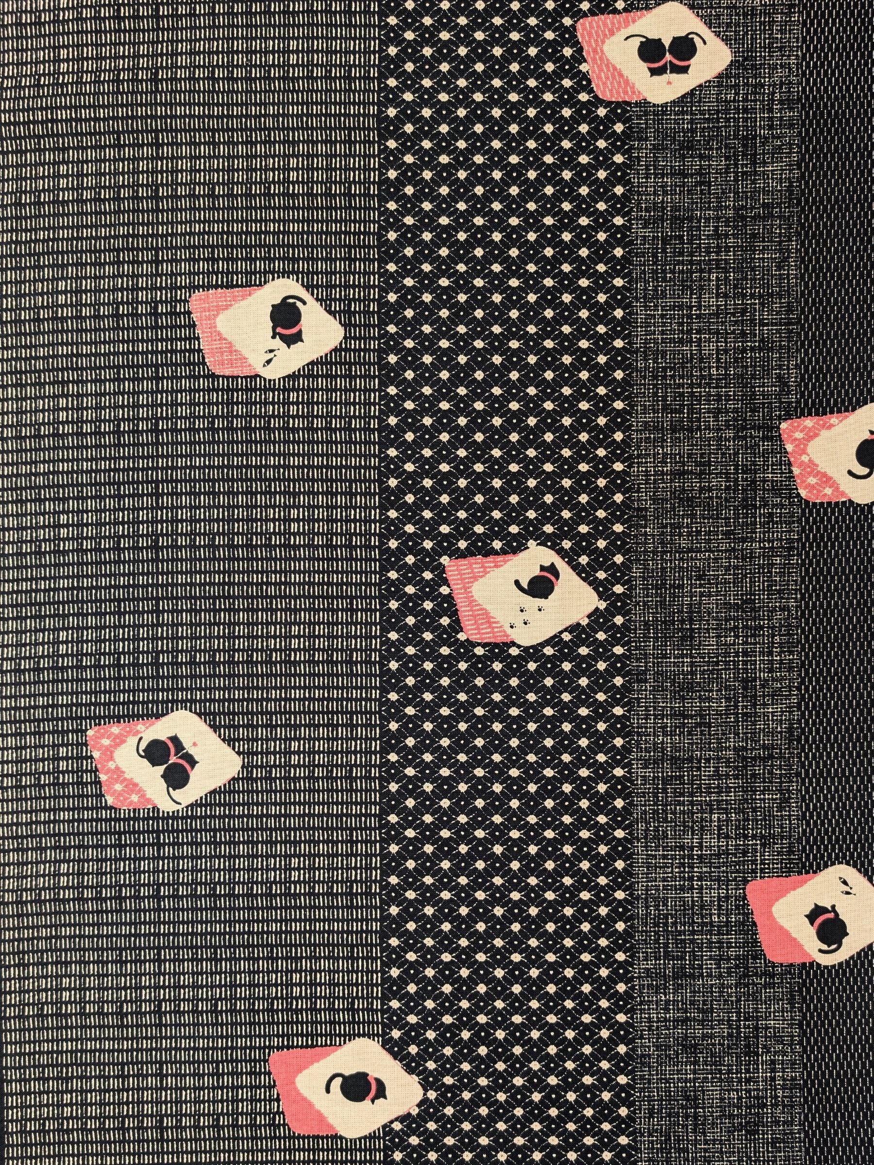 Craft-P - Cats on Patterned Stripes Cotton Rustic Weave Fabric - Black