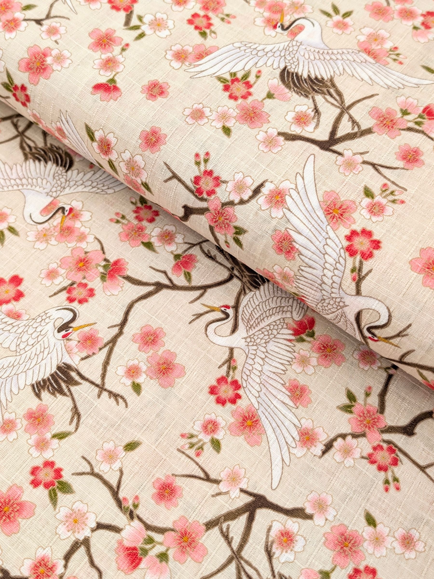 Hishiei - Cranes and Cherry Blossoms Cotton Dobby Fabric - Beige