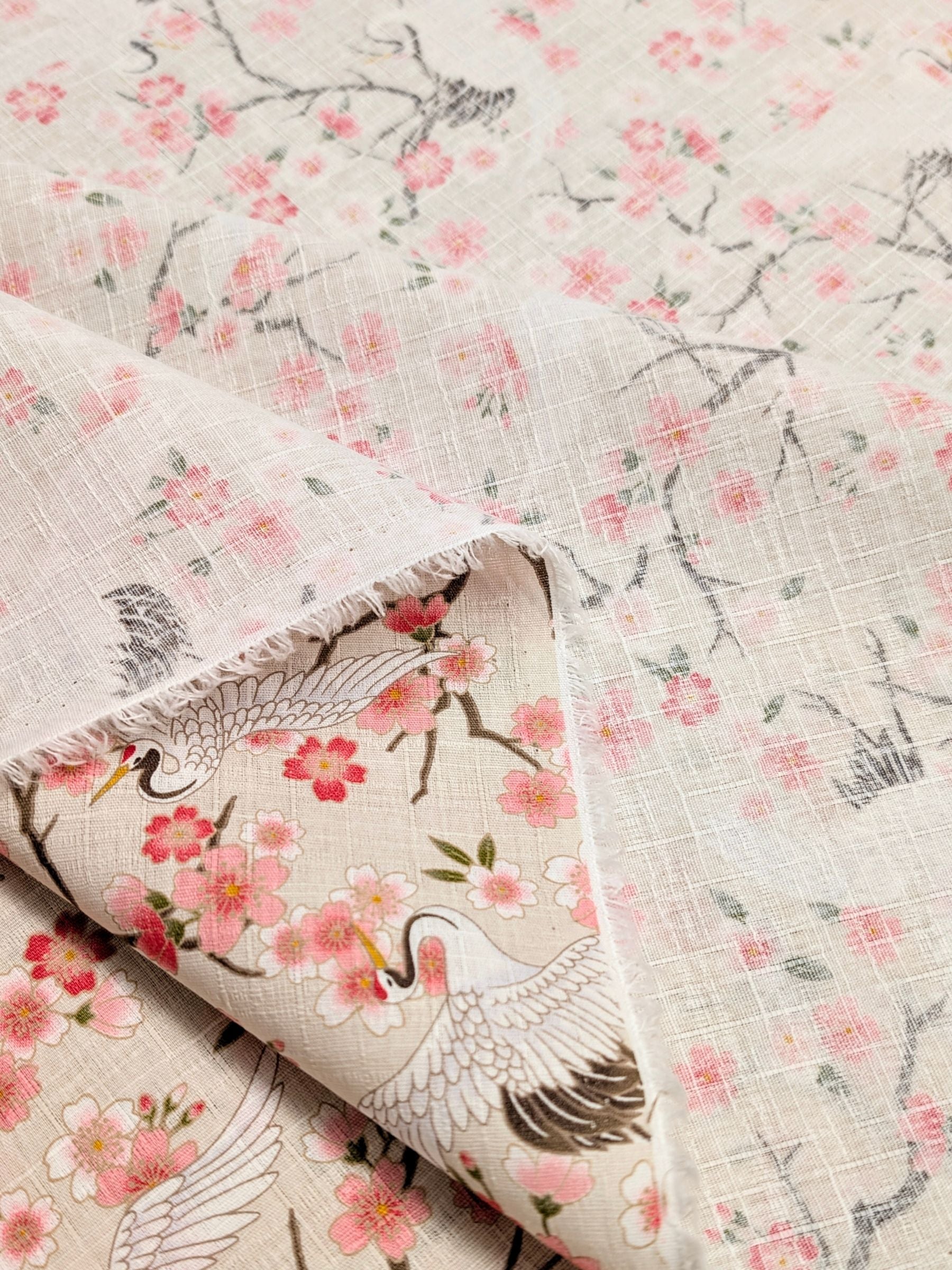 Hishiei - Cranes and Cherry Blossoms Cotton Dobby Fabric - Beige