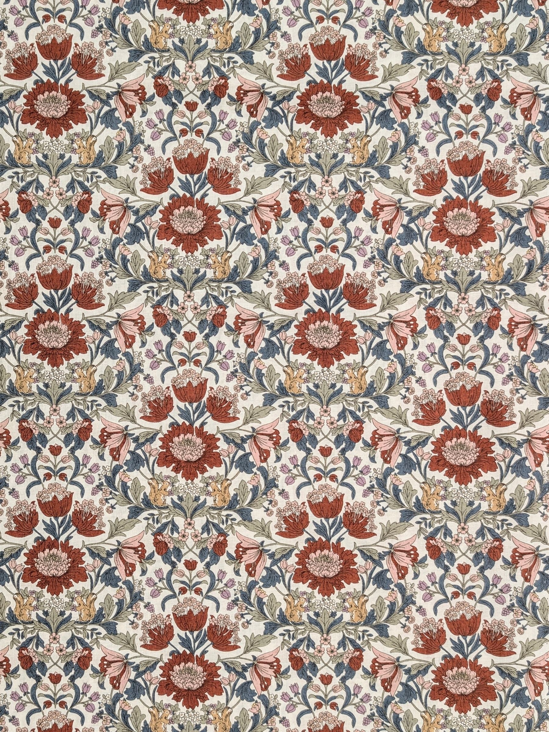 Hokkoh - Squirrels and Mirrored Flowers Cotton Lawn Fabric - White & Red