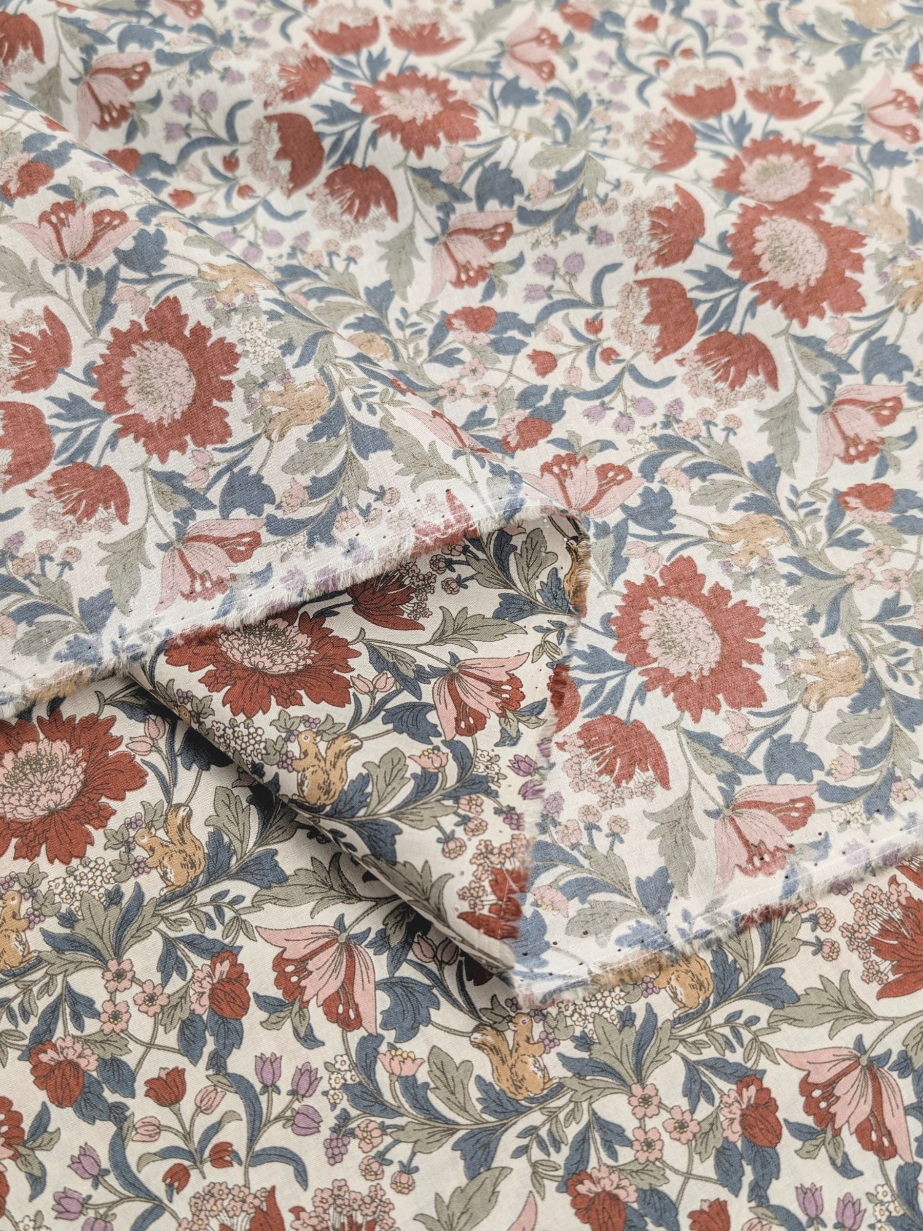 Hokkoh - Squirrels and Mirrored Flowers Cotton Lawn Fabric - White & Red