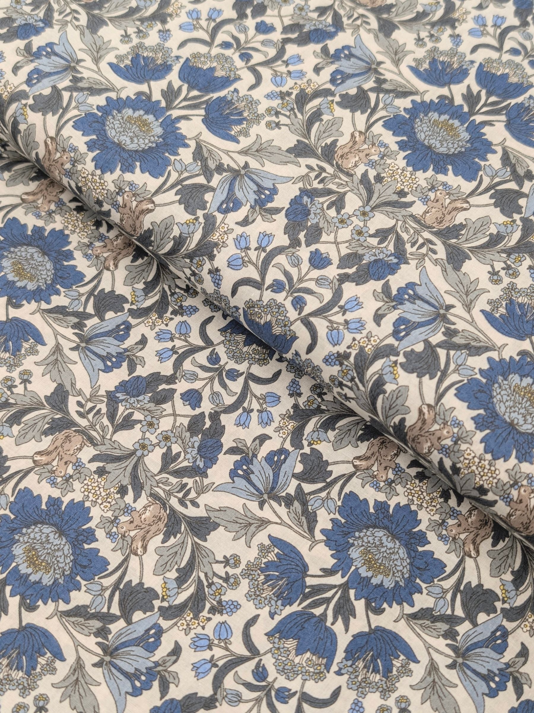 Hokkoh - Squirrels and Mirrored Flowers Cotton Lawn Fabric - White & Blue