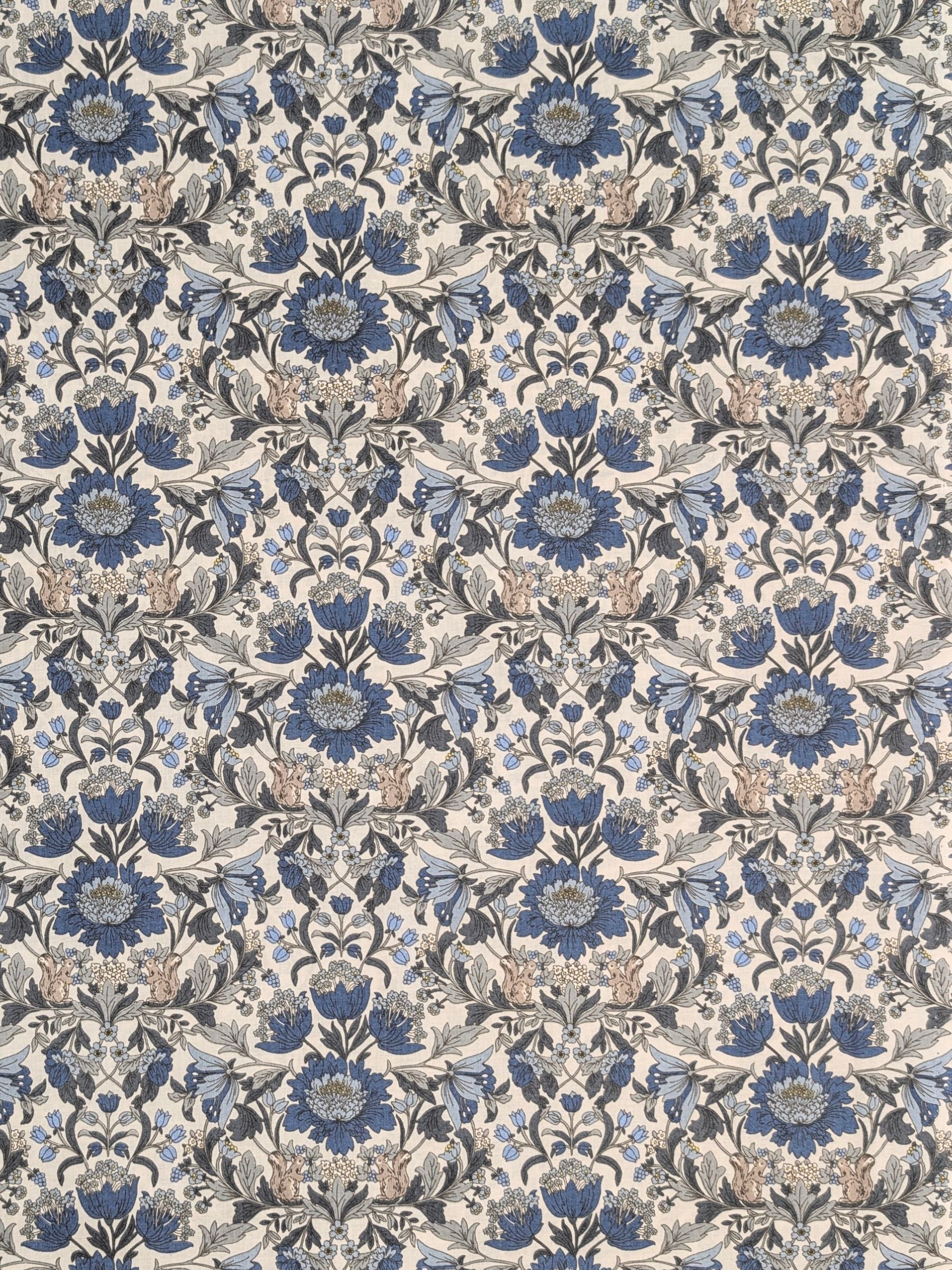 Hokkoh - Squirrels and Mirrored Flowers Cotton Lawn Fabric - White & Blue