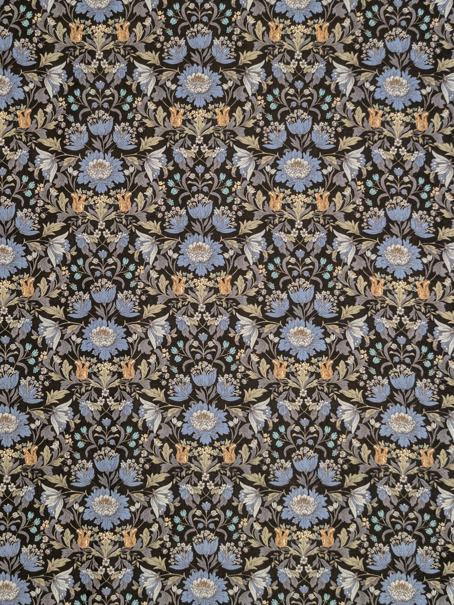Hokkoh - Squirrels and Mirrored Flowers Cotton Lawn Fabric - Black & B