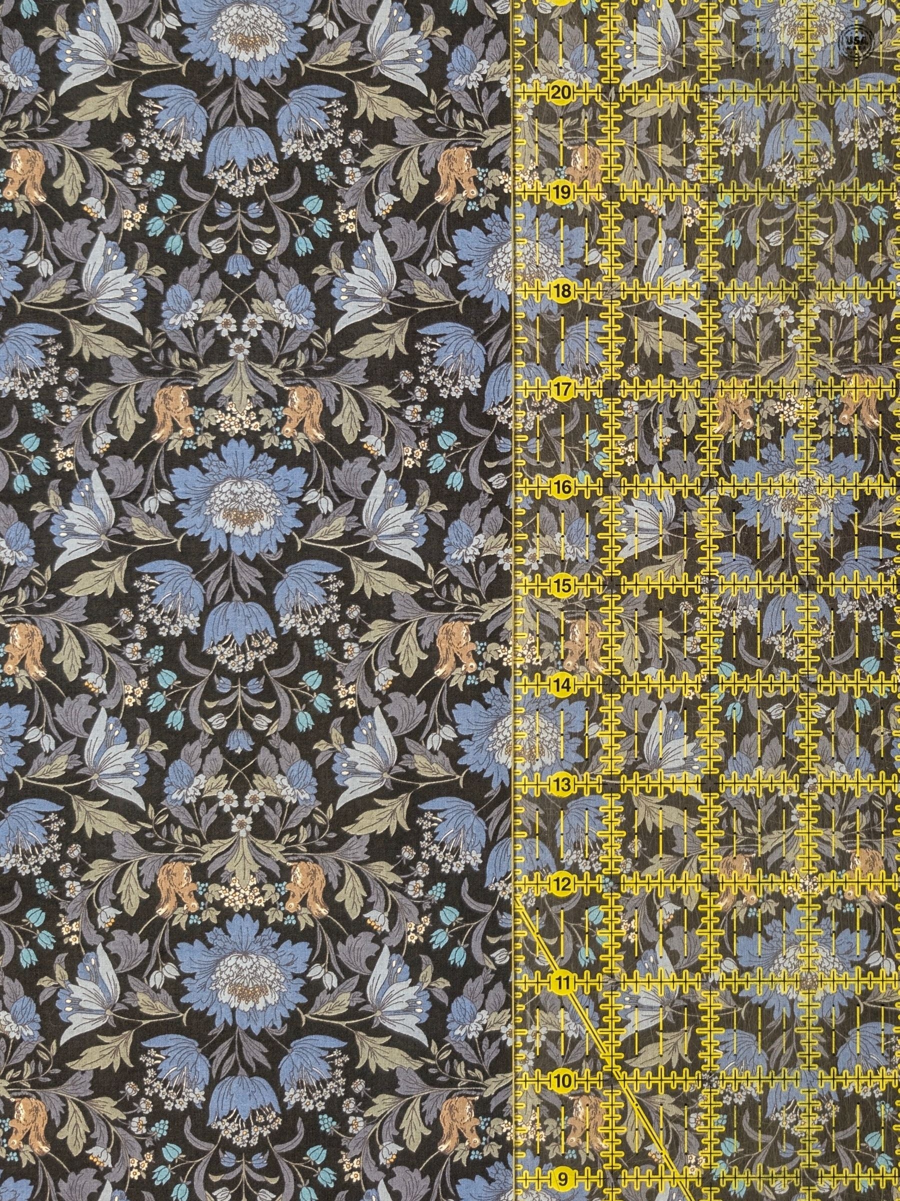 Hokkoh - Squirrels and Mirrored Flowers Cotton Lawn Fabric - Black & B