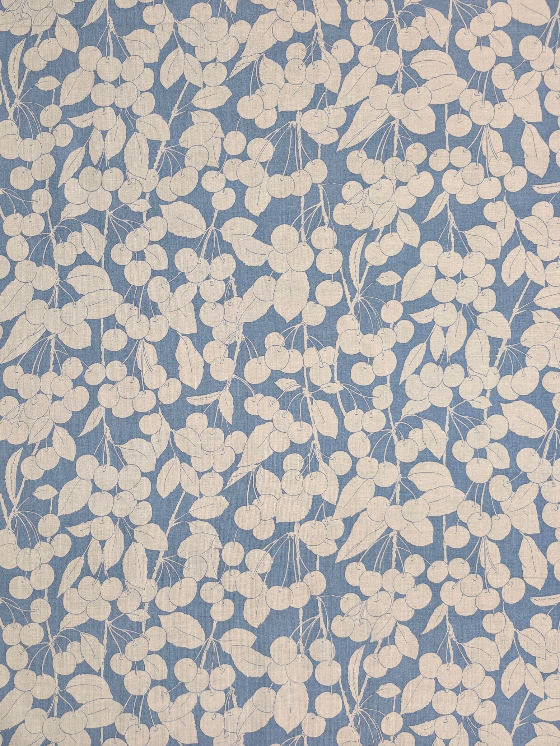 Hokkoh - Two-Tone Cherries Cotton Lawn Fabric - White & Blue