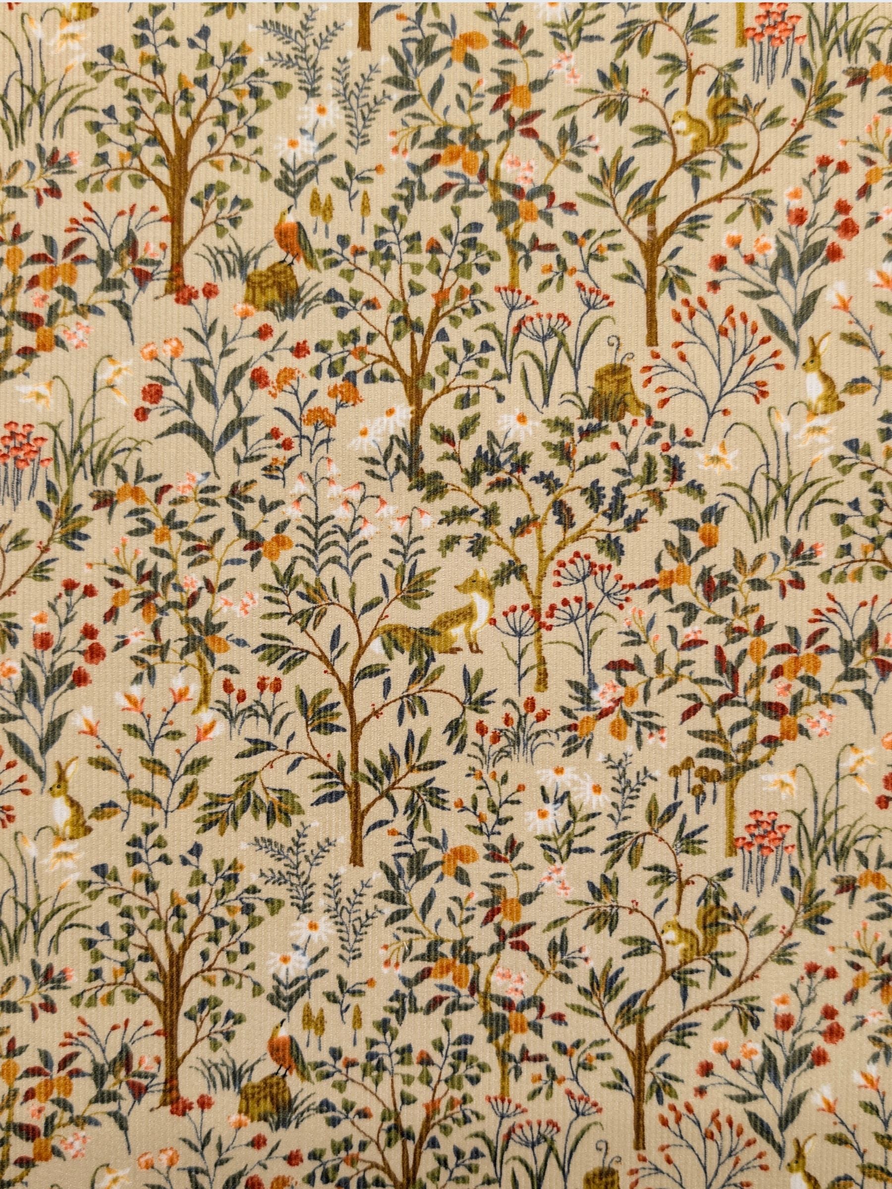Hokkoh - Forest Fauna and Foxes Cotton Needlecord Corduroy Fabric - Ivory
