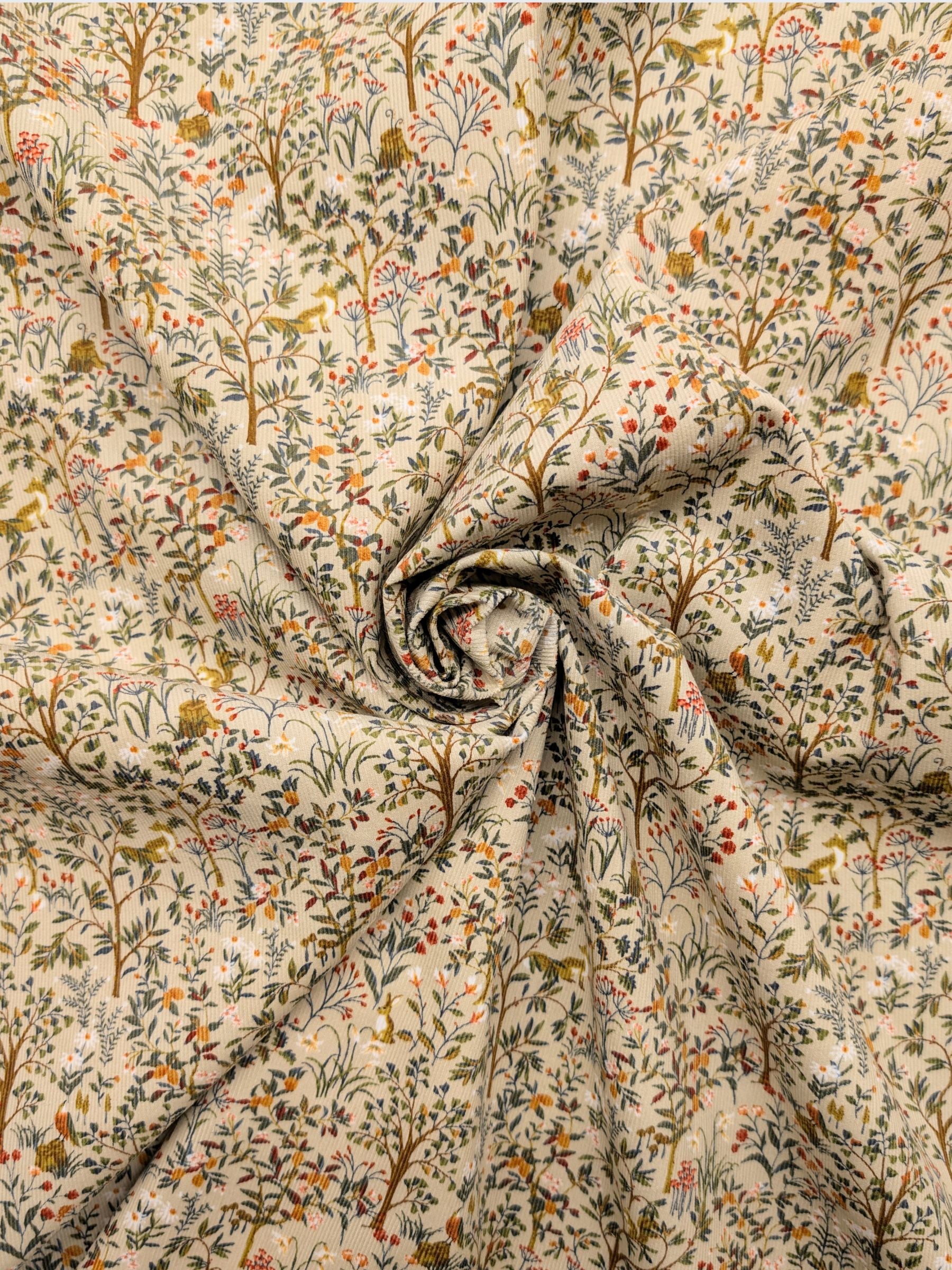 Hokkoh - Forest Fauna and Foxes Cotton Needlecord Corduroy Fabric - Ivory