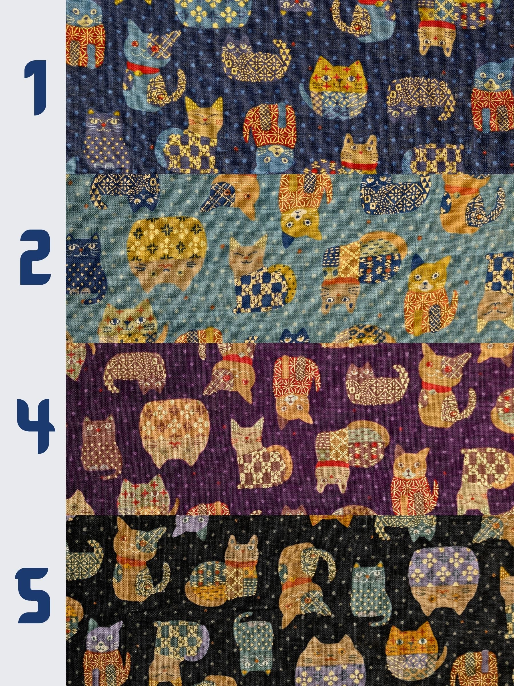 Sevenberry - Patchwork Cats Rustic Weave Cotton Fabric - Blue