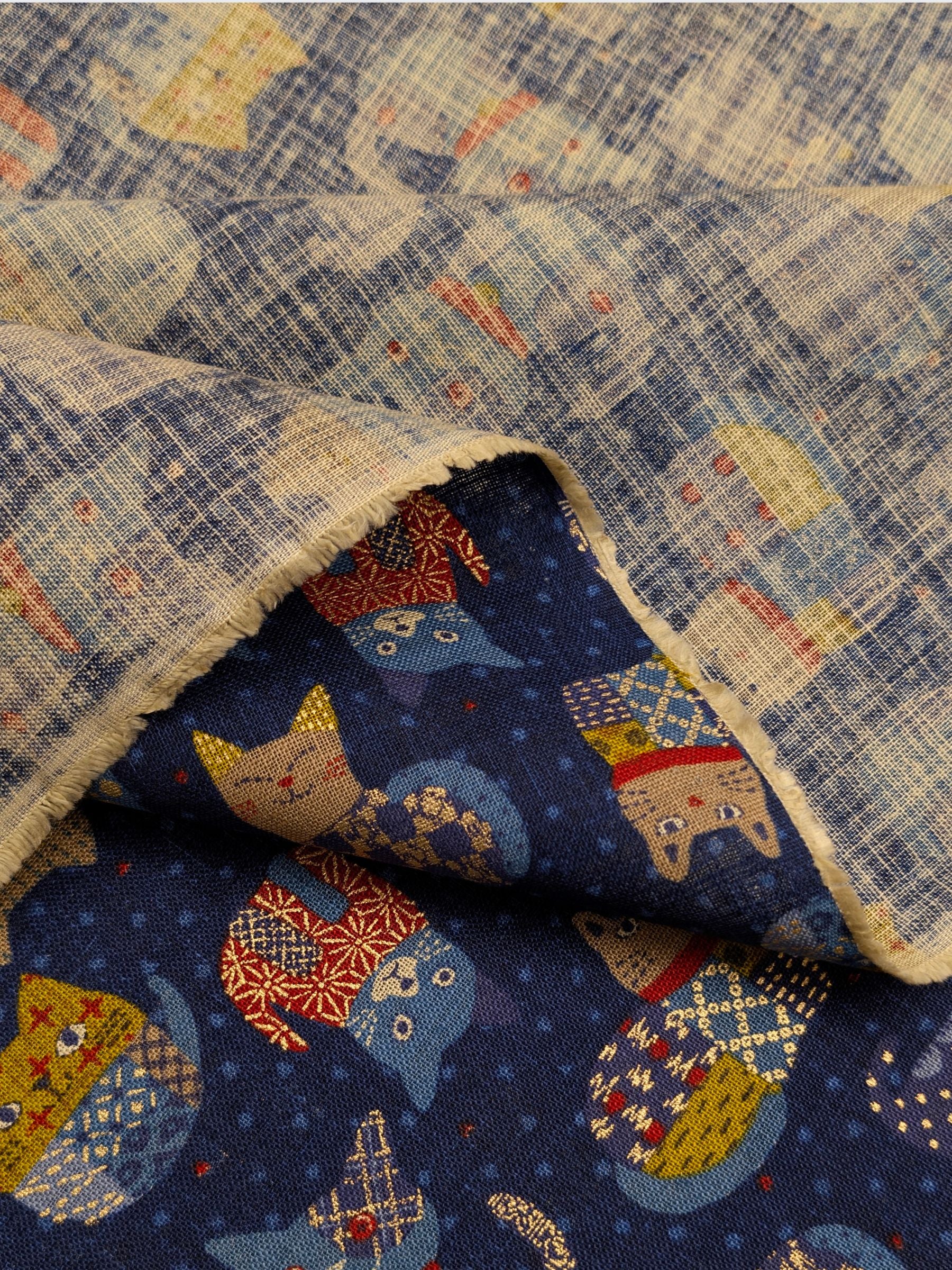 Sevenberry - Patchwork Cats Rustic Weave Cotton Fabric - Blue