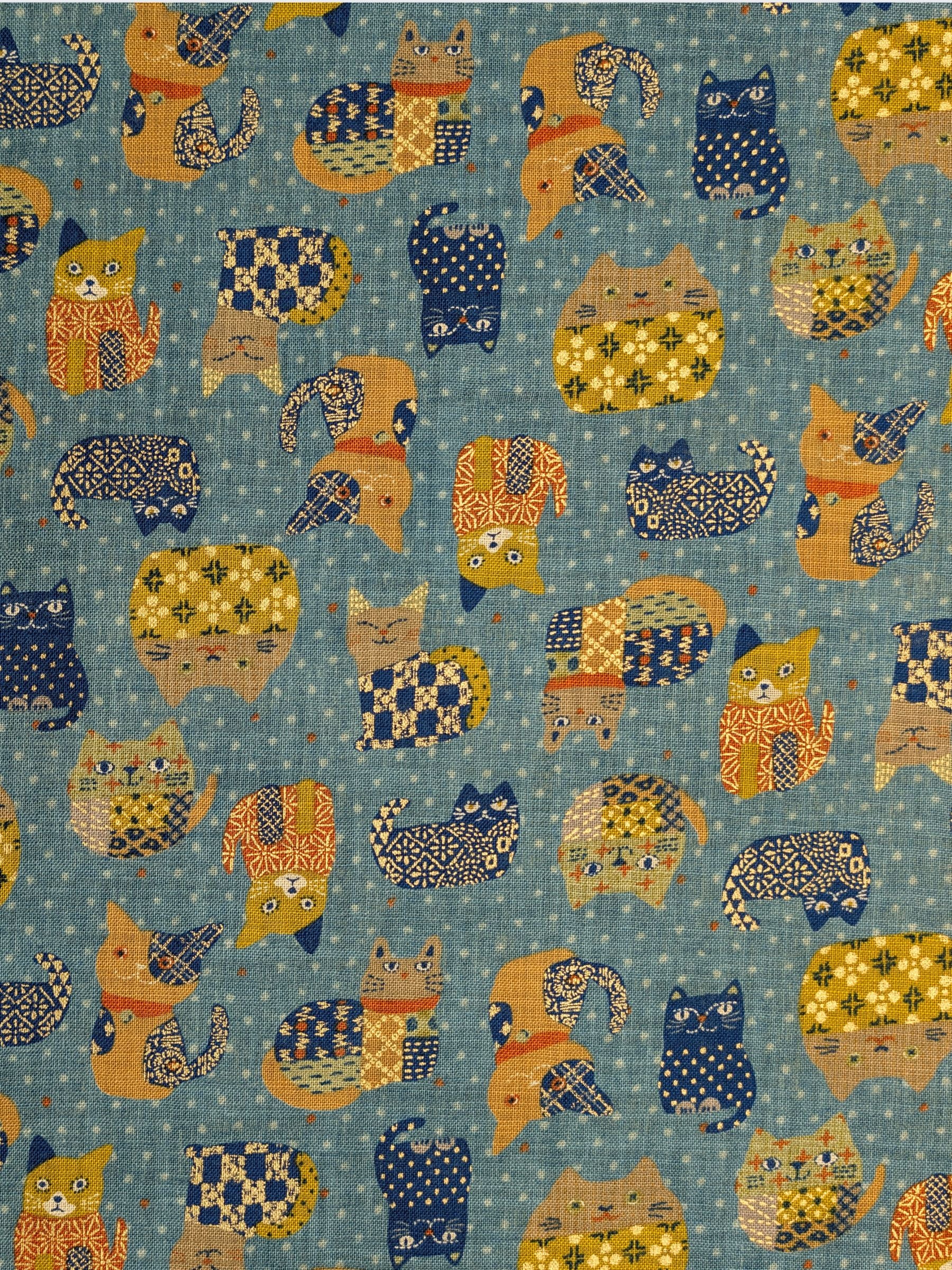 Sevenberry - Patchwork Cats Rustic Weave Cotton Fabric - Teal