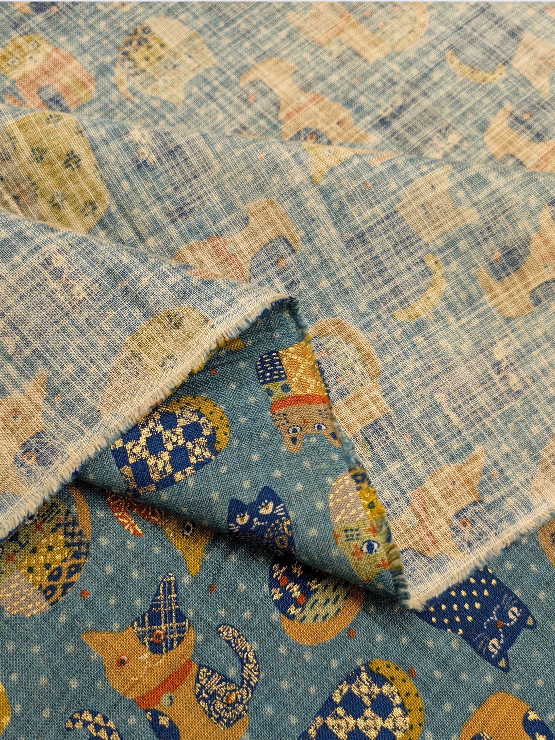 Sevenberry - Patchwork Cats Rustic Weave Cotton Fabric - Teal