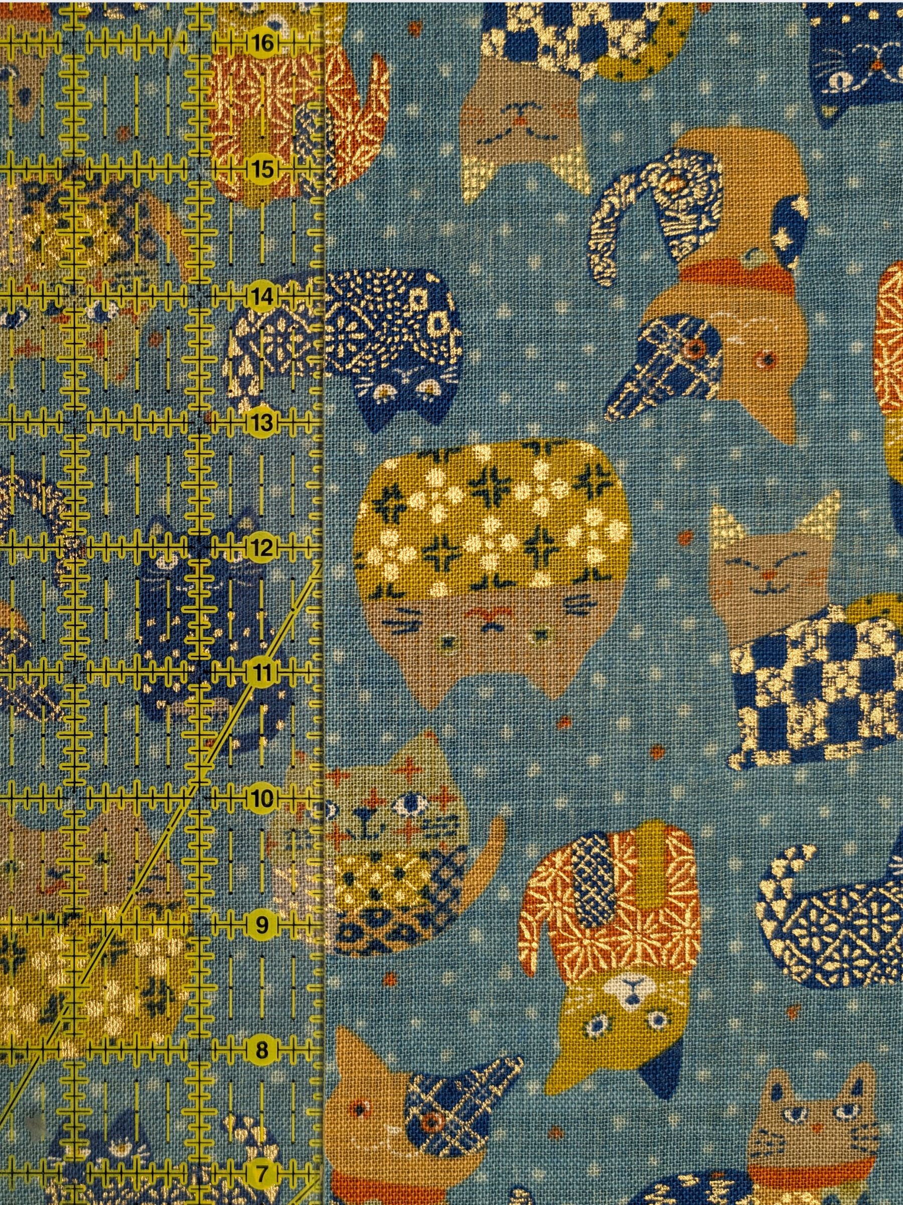 Sevenberry - Patchwork Cats Rustic Weave Cotton Fabric - Teal