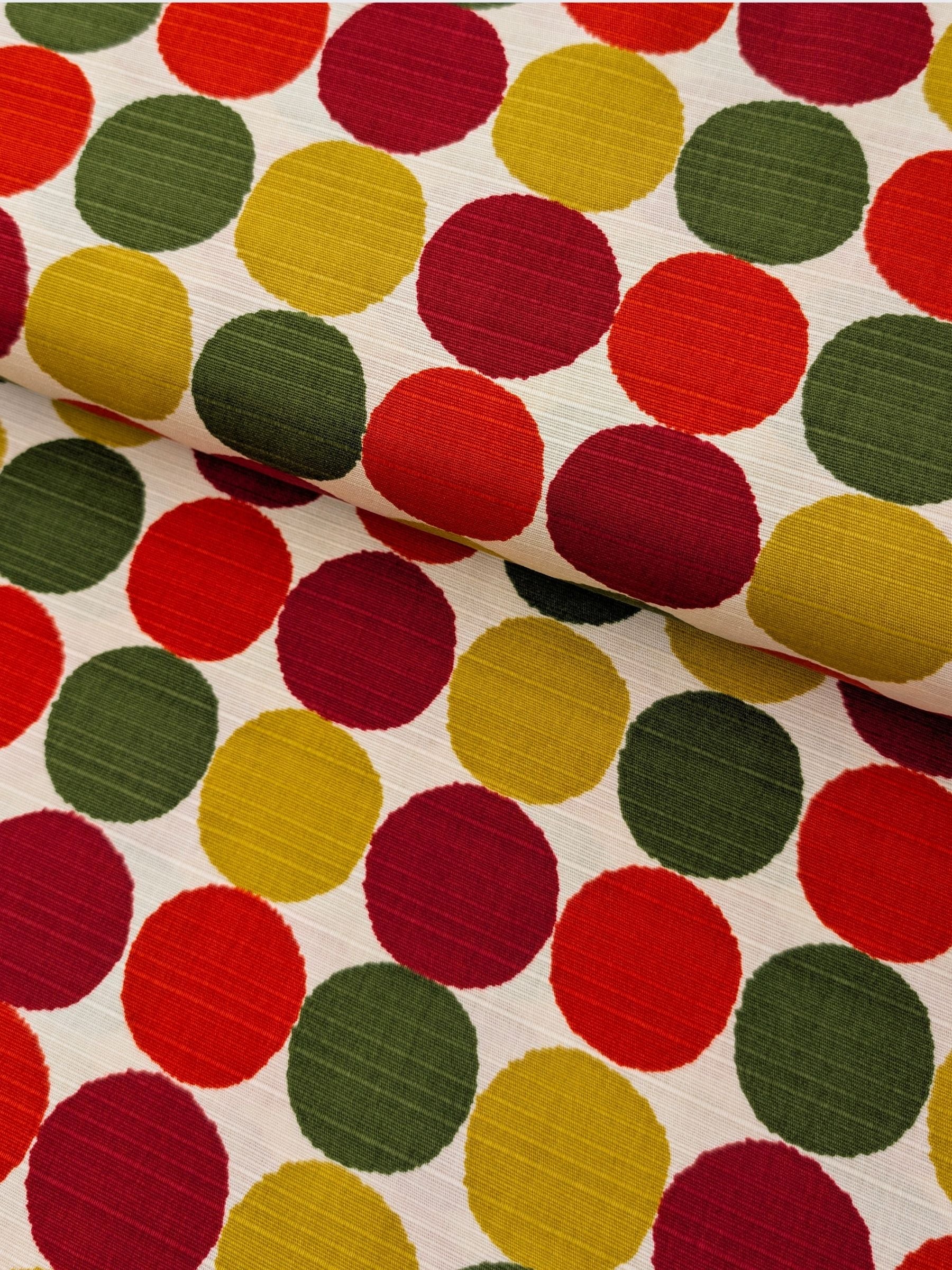Sevenberry - Circles Cotton Shantung Fabric - Green Red & Yellow