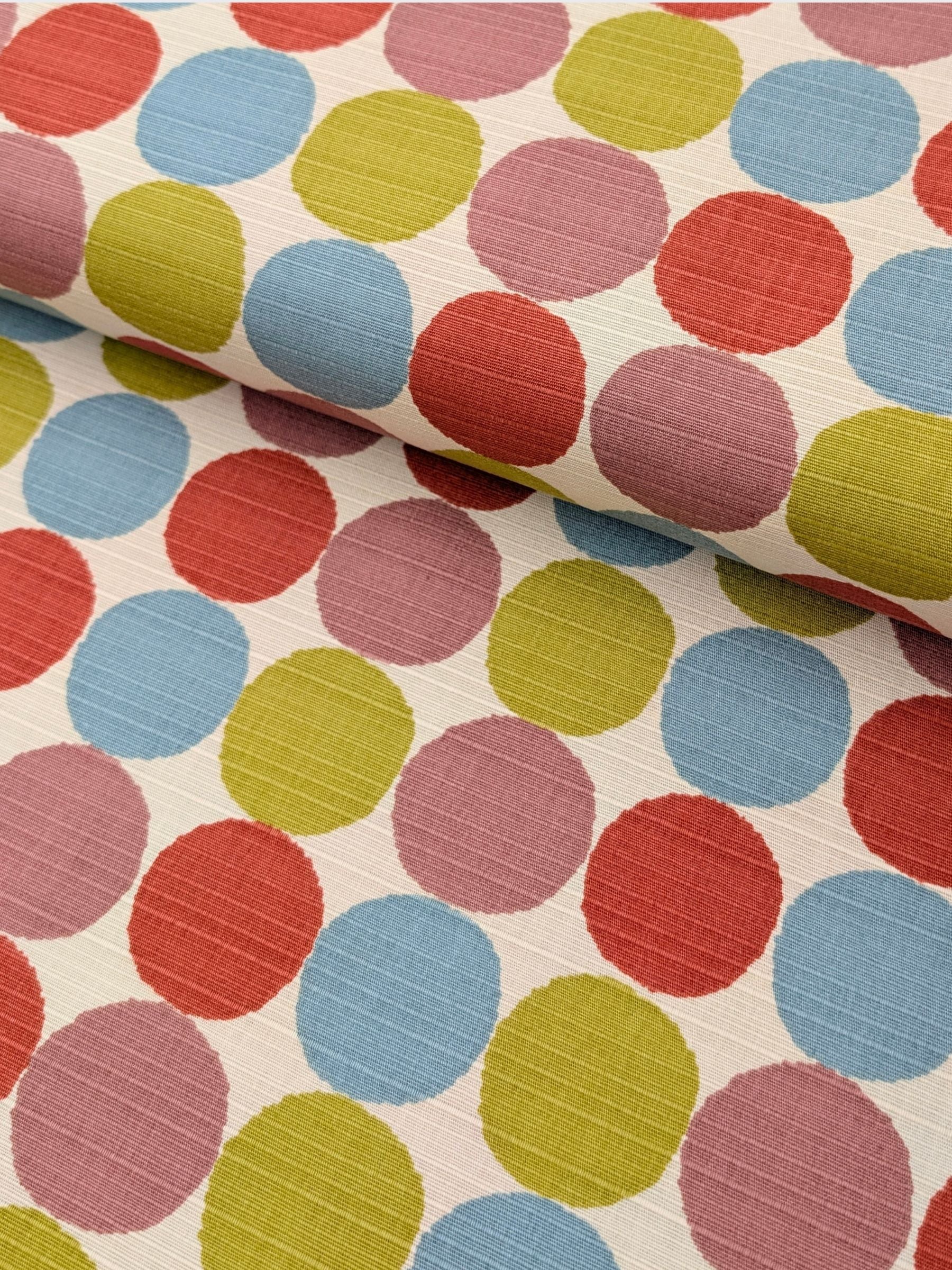 Sevenberry - Circles Cotton Shantung Fabric - Pink Red Green & Blue