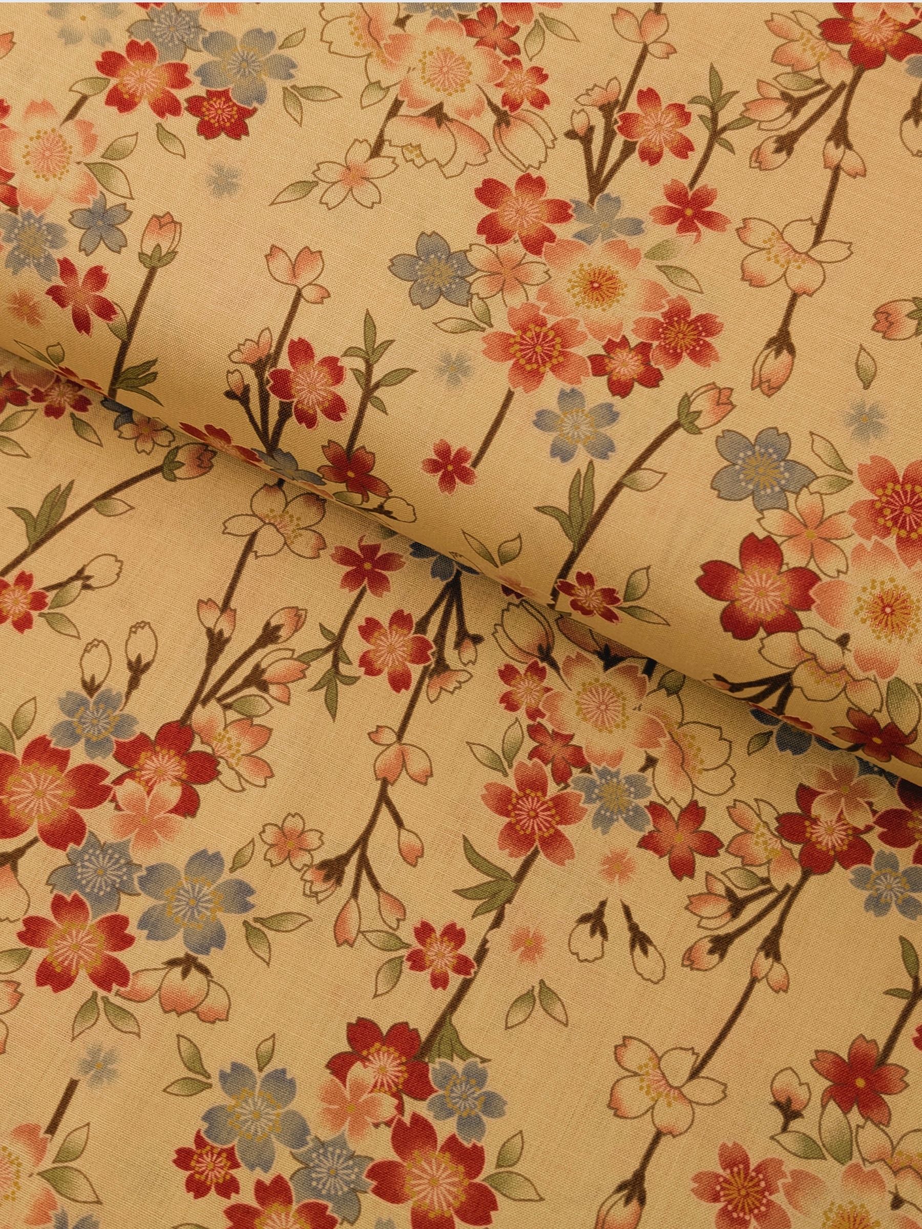 Sevenberry - Sepia Cherry Blossoms Cotton Shirting Fabric - Beige