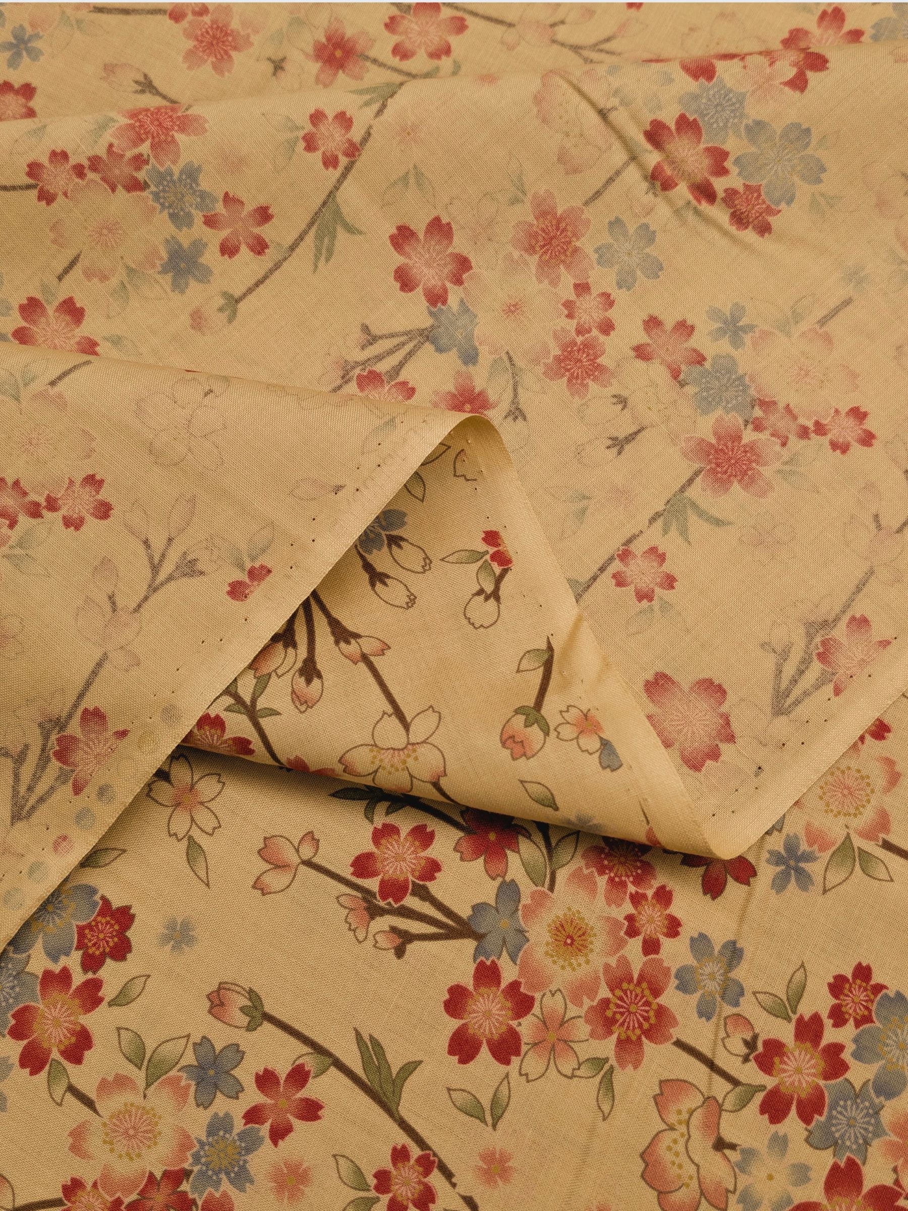 Sevenberry - Sepia Cherry Blossoms Cotton Shirting Fabric - Beige
