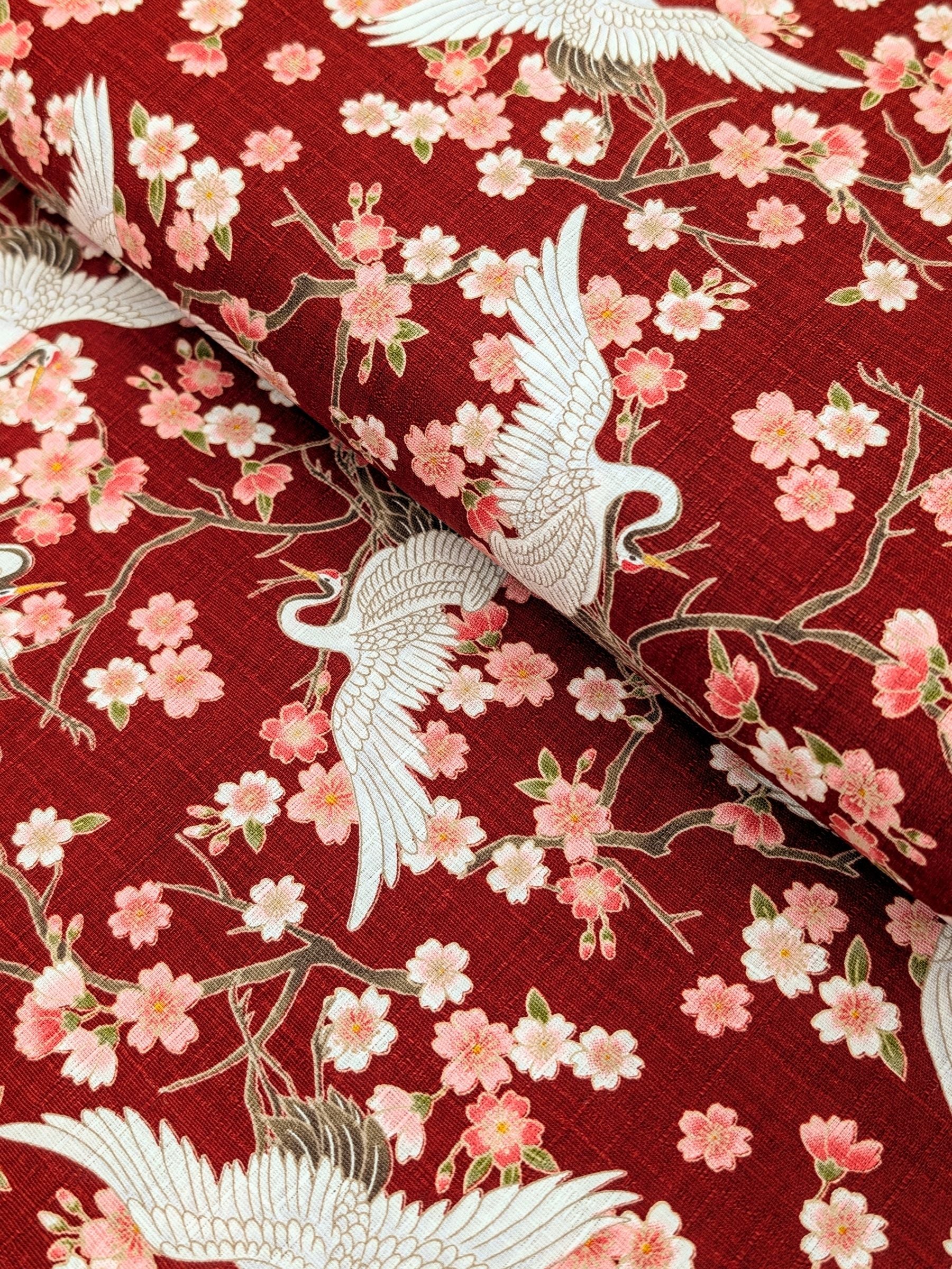 Hishiei - Cranes and Cherry Blossoms Cotton Dobby Fabric - Red