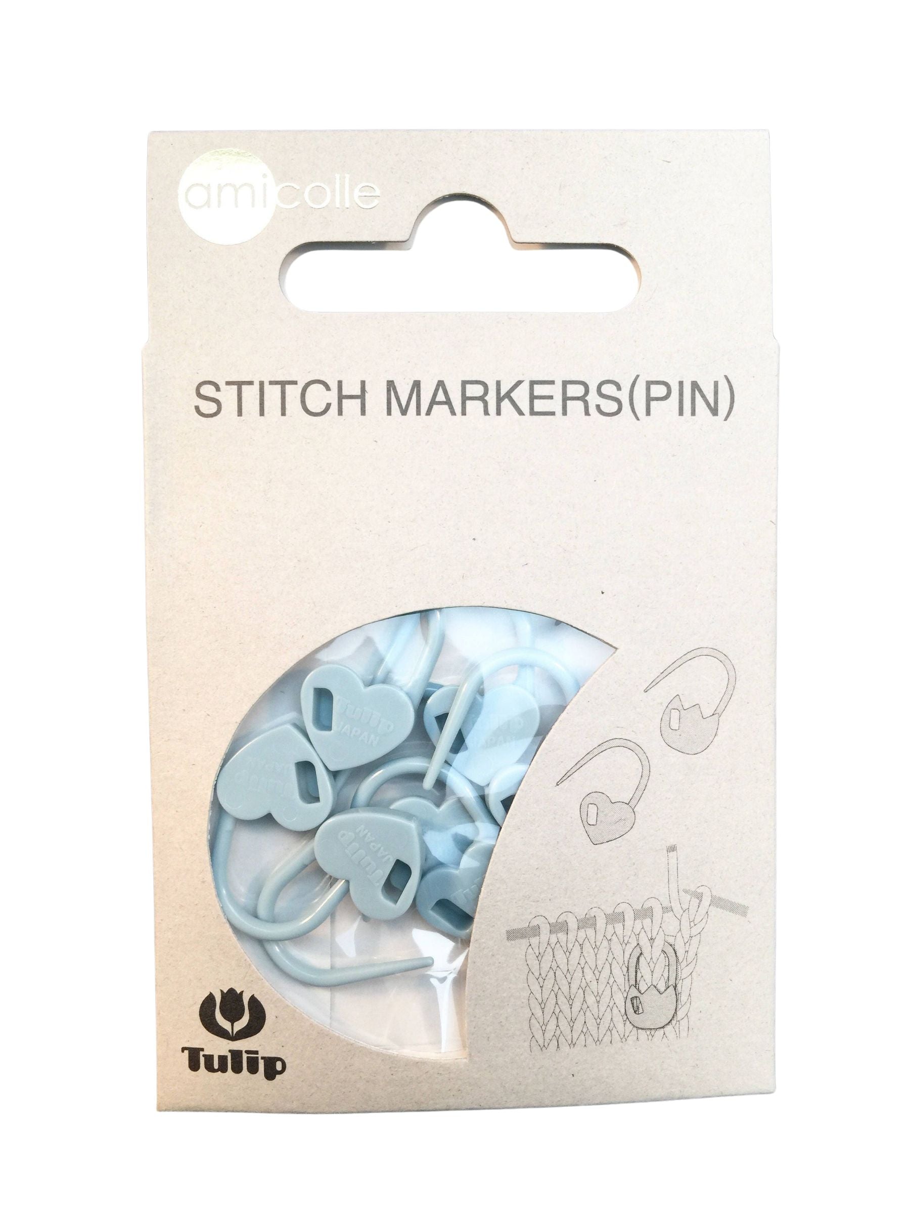 Packaging of Tulip's heart-shaped stitch markers with a clear window showing the light blue markers.
