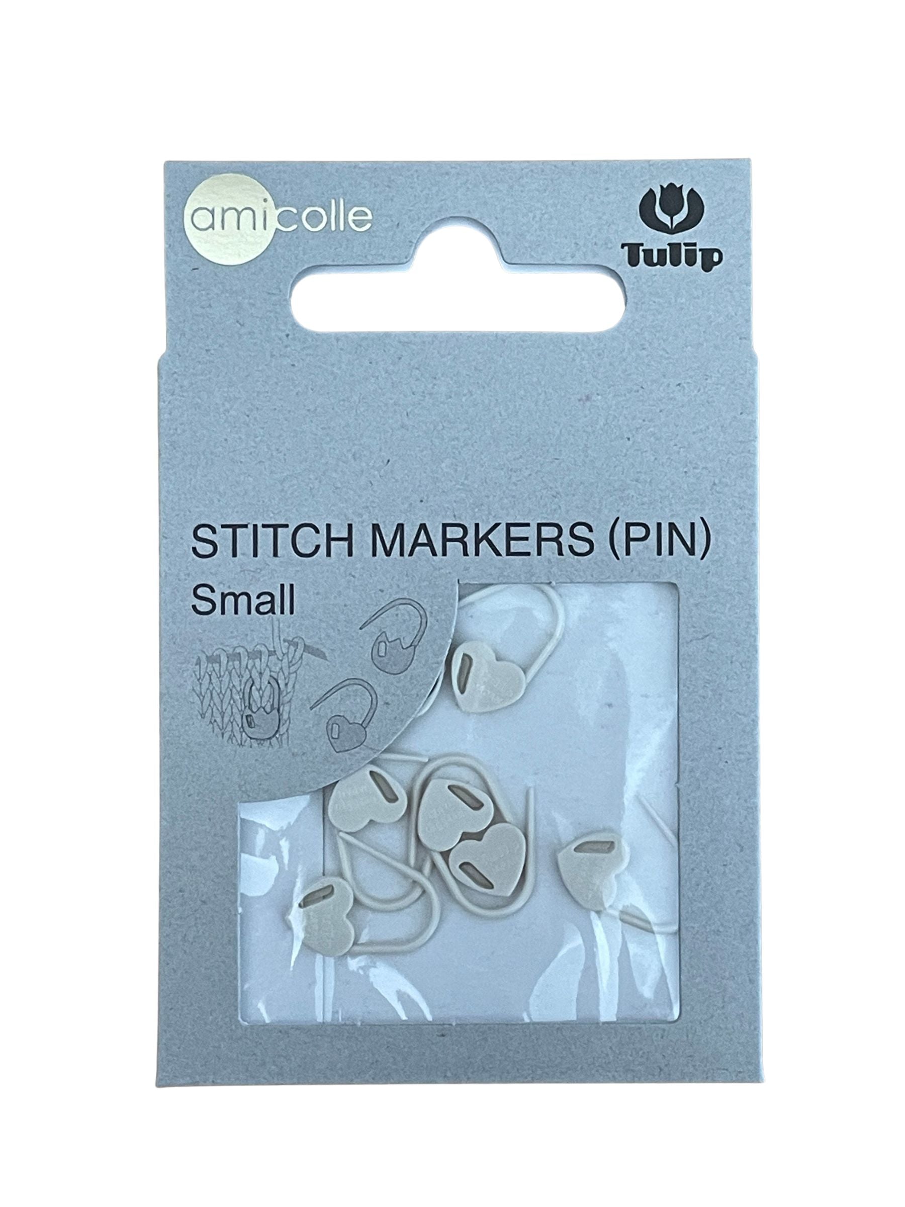Packaging of small stitch markers with Tulip branding on a white background