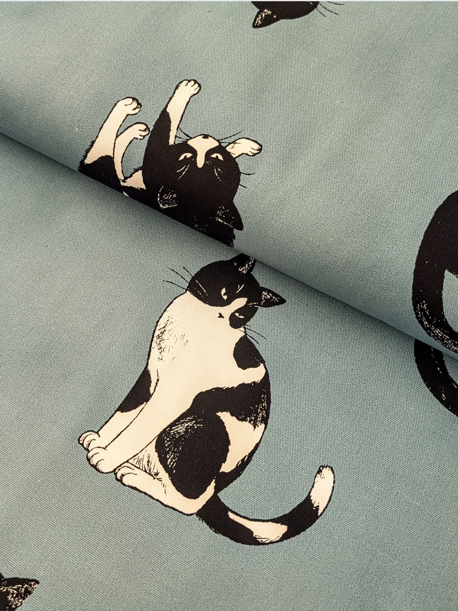 Cosmo - Tuxedo Cats Cotton Oxford Fabric - Teal